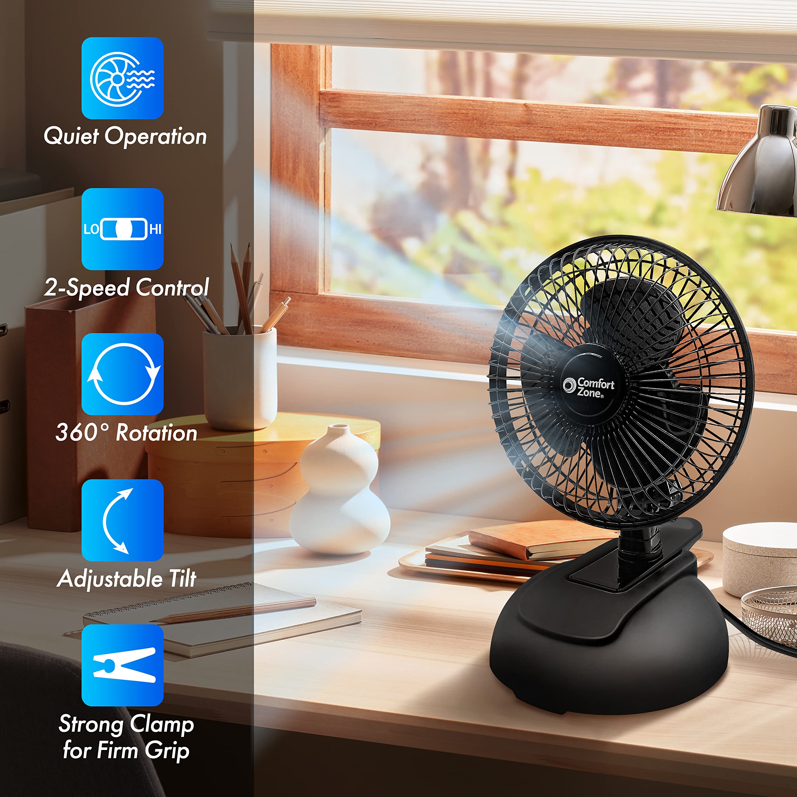 Comfort Zone Cz6Xmbk 6       2 Speed Combo Clip Or Desk Fan With Removable Base, Strong Clamp For Firm Grip, Suitable For Bedroo