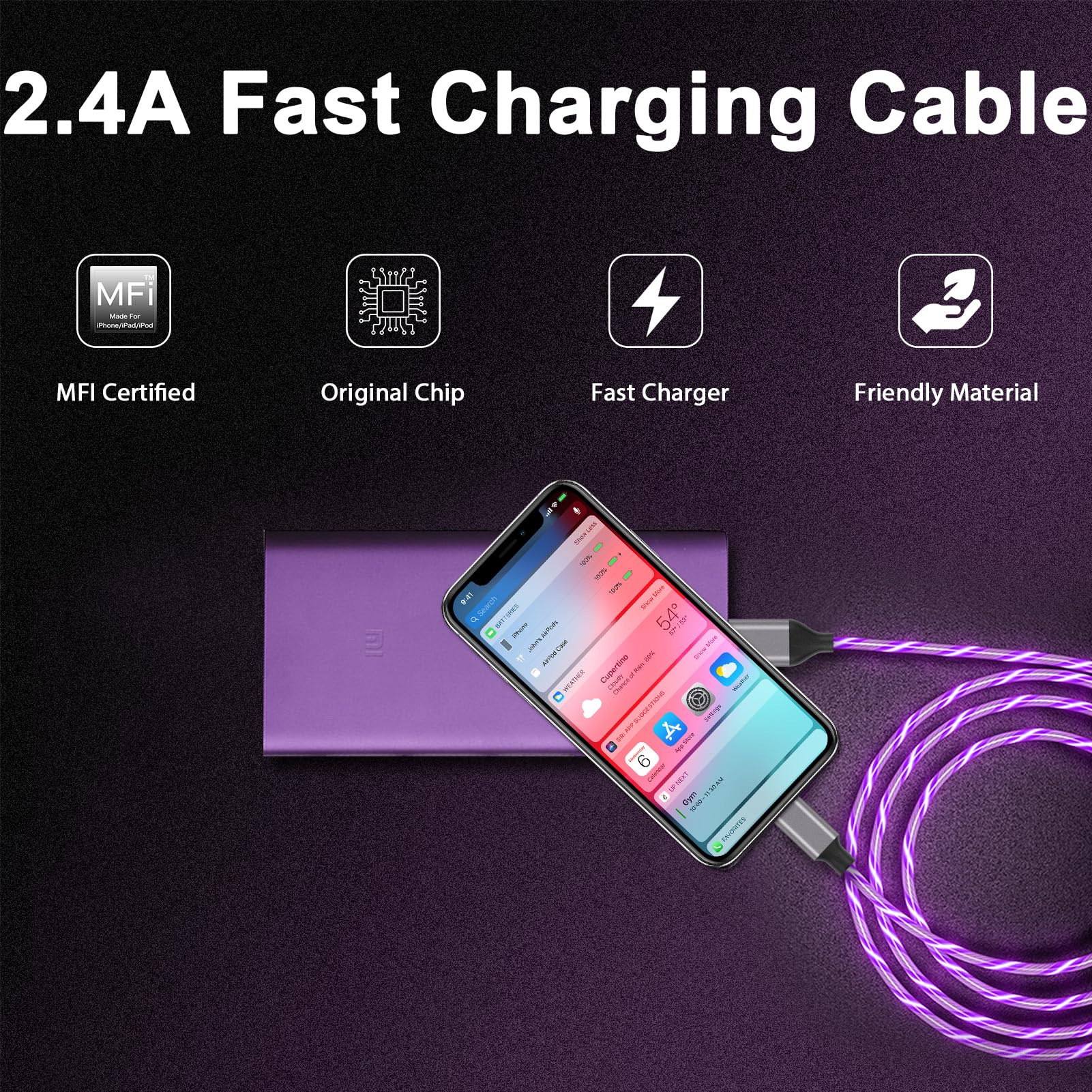 Light Up Iphone Charger Cable Led Apple Charger Cord Apple Mfi Certified Cool Usb Fast Charging For Iphone 14 13 12 11 Pro Max Xr X Se 8 Plus Ipad Ipod Touch More (Purple, 6 Ft)