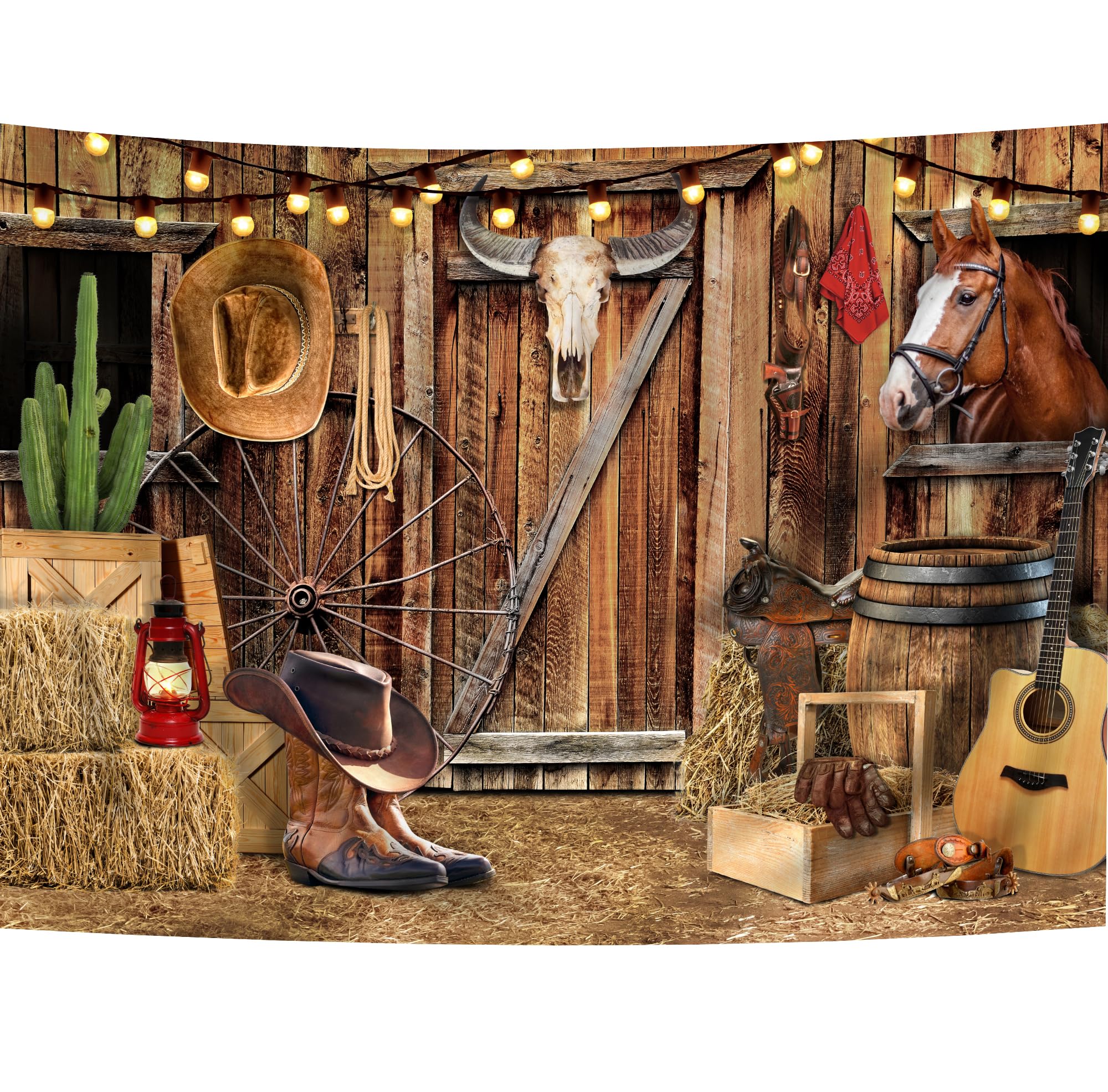 Svbright Western Cowboy Backdrop 7Wx5H Rustic Barn Door Farmhouse Wooden Stable Brown Country Wild West Horse Vintage Plank Cow
