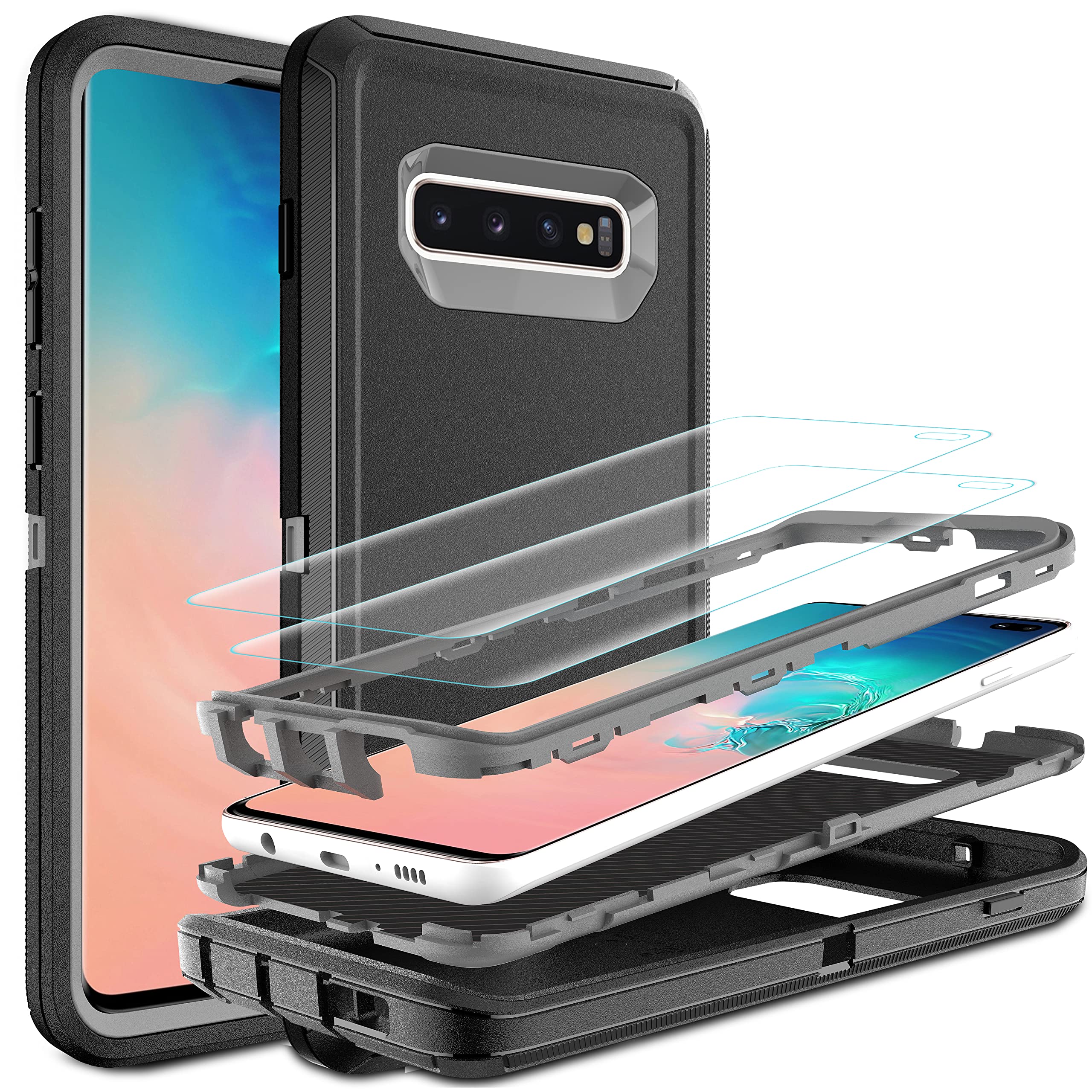 Hong Amy For Galaxy S10 Plus Case, S10 Plus Case With Self Healing Flexible Tpu Screen Protector [2 Pack], 3 In 1 Full Body Shoc