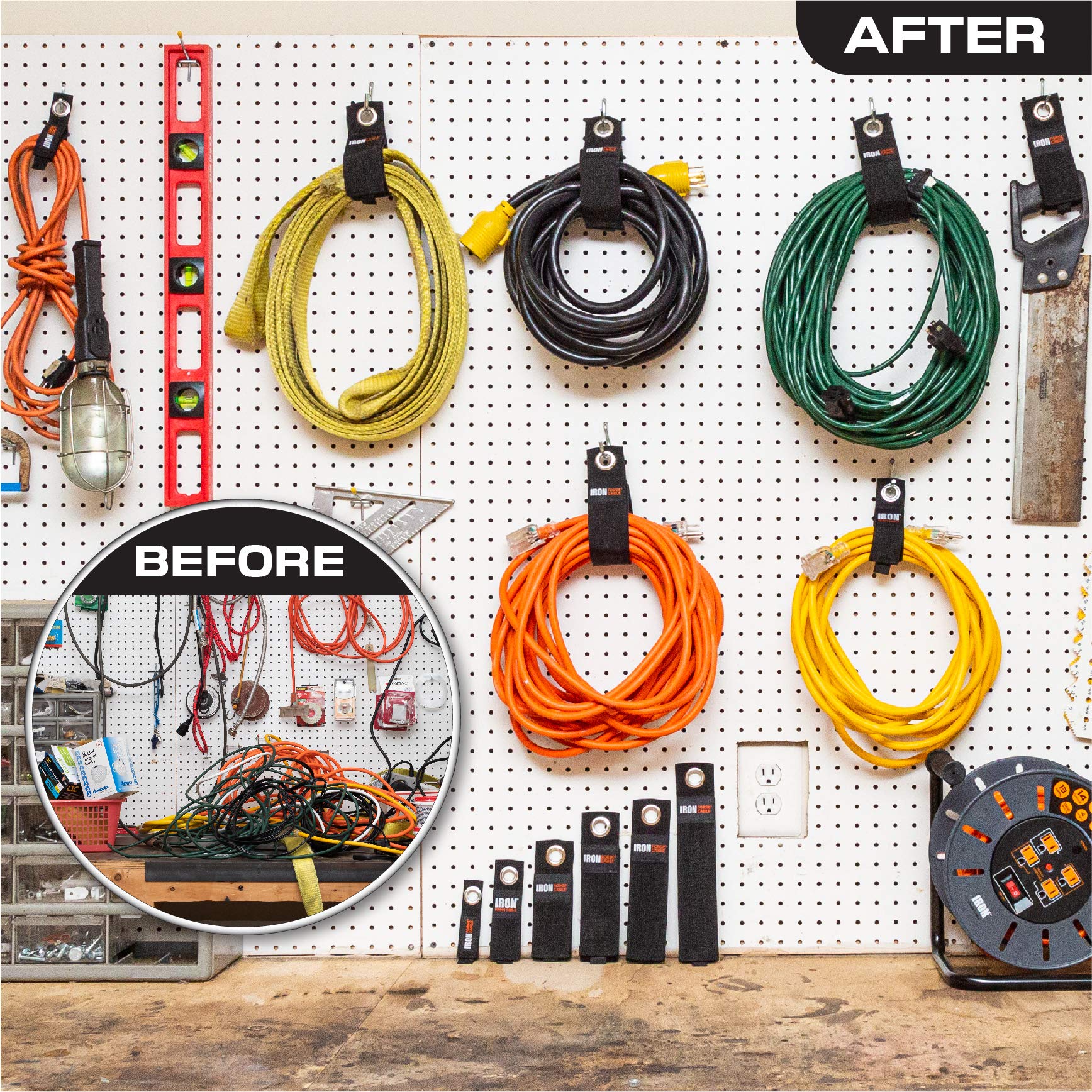 Iron Forge Cable Extension Cord Wrap Organizer, 12 Piece Multi Pack Of Storage Straps   3 Small, 3 Medium, 3 Large, And 3 Xl Hoo