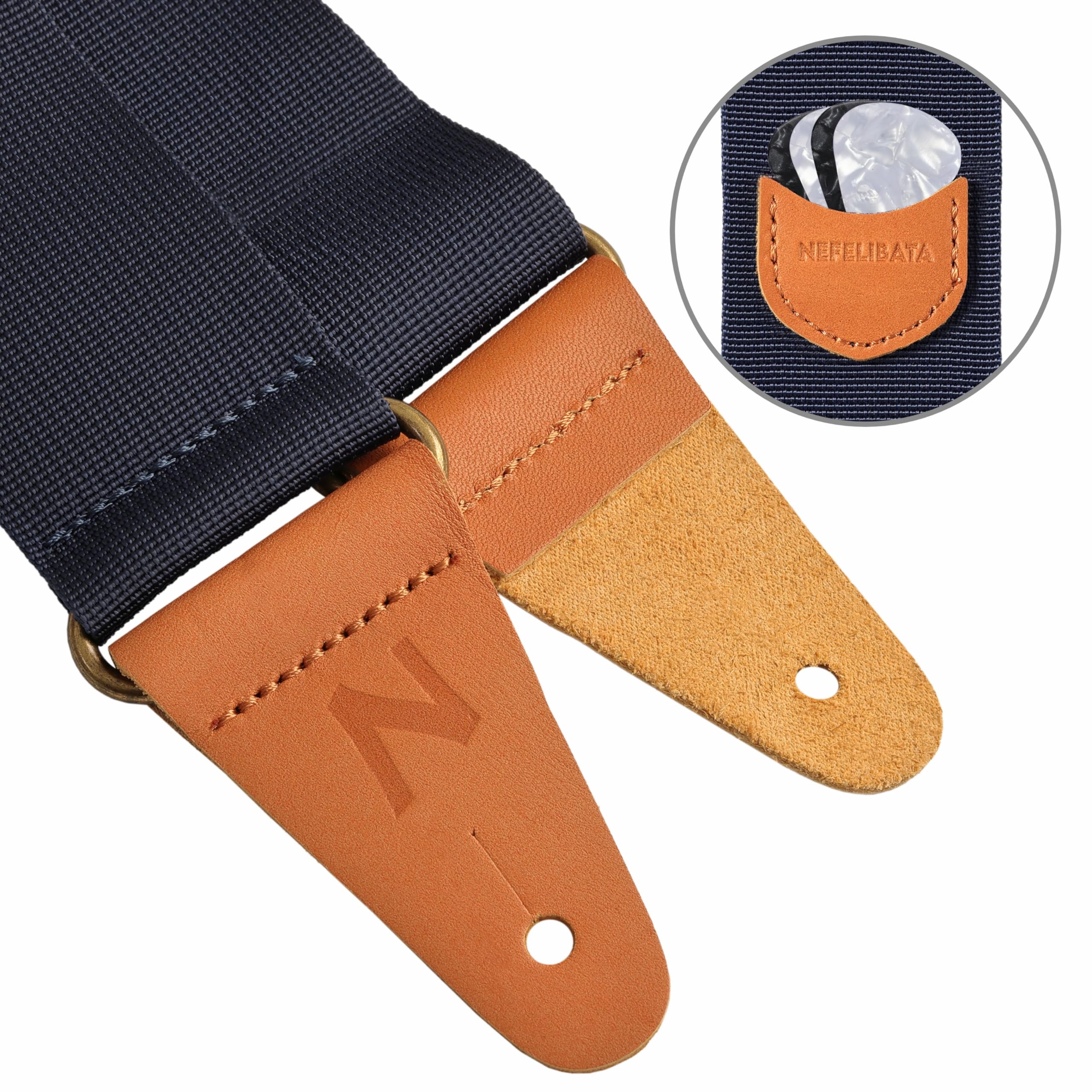 Nefelibata Guitar Strap With Pick Pocket, Vintage Nylon Full Grain Leather Ends Guitar Straps For Bass, Electric & Acoustic Guit