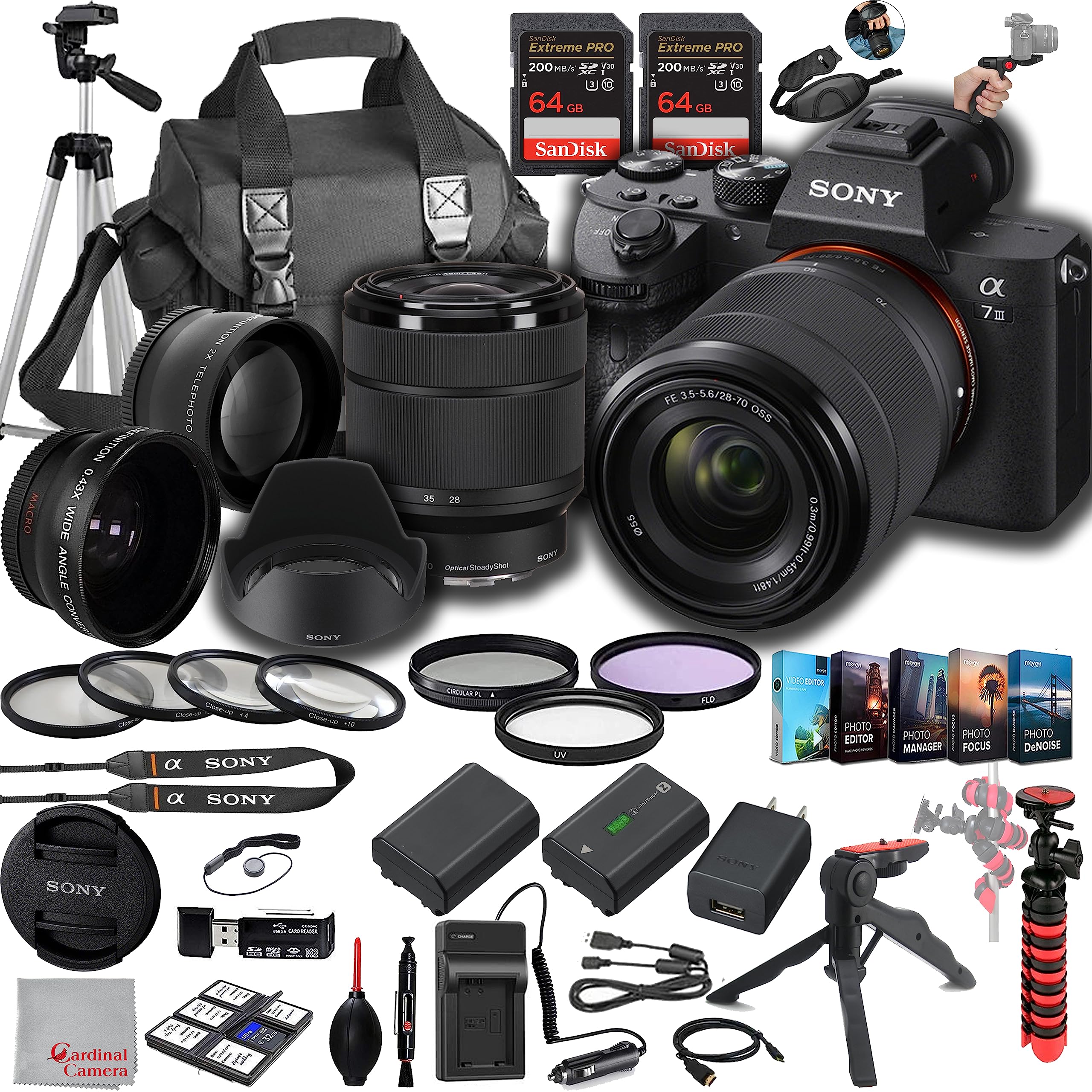 Sony a7 III Mirrorless Digital Camera 24MP w/ 28-70mmmm Lens, 128GB Extreem Speed Memory,.43 Wide & 2X Lenses, Case. Tripod, Fil