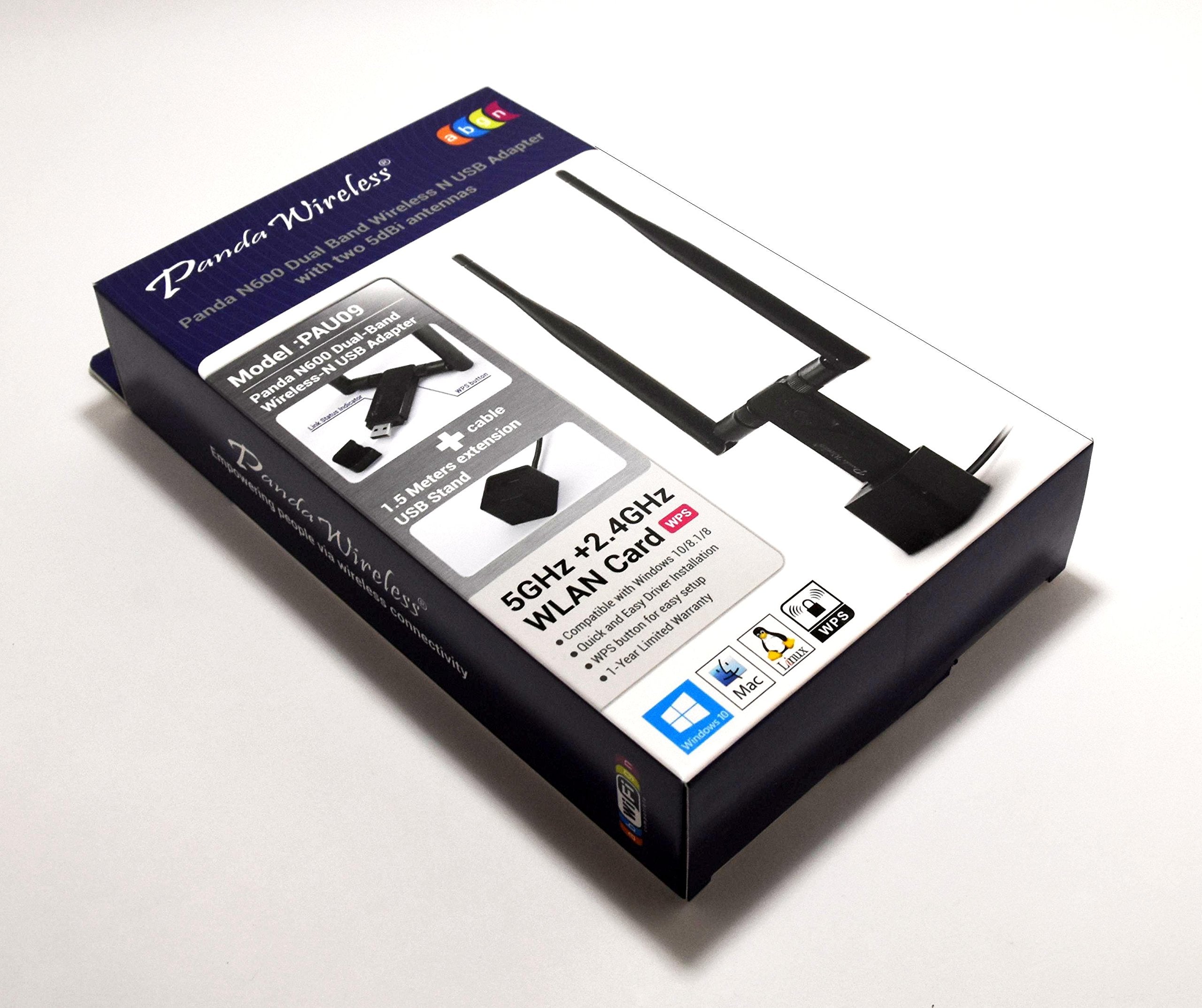 Panda Wireless� Pau09 N600 Dual Band (2.4Ghz And 5Ghz) Wireless N Usb Adapter W/Dual 5Dbi Antennas   Windows 7/8/10/11, Zorin, Mint, Ubuntu, Opensuse, Fedora, Centos, Kali And Raspbian