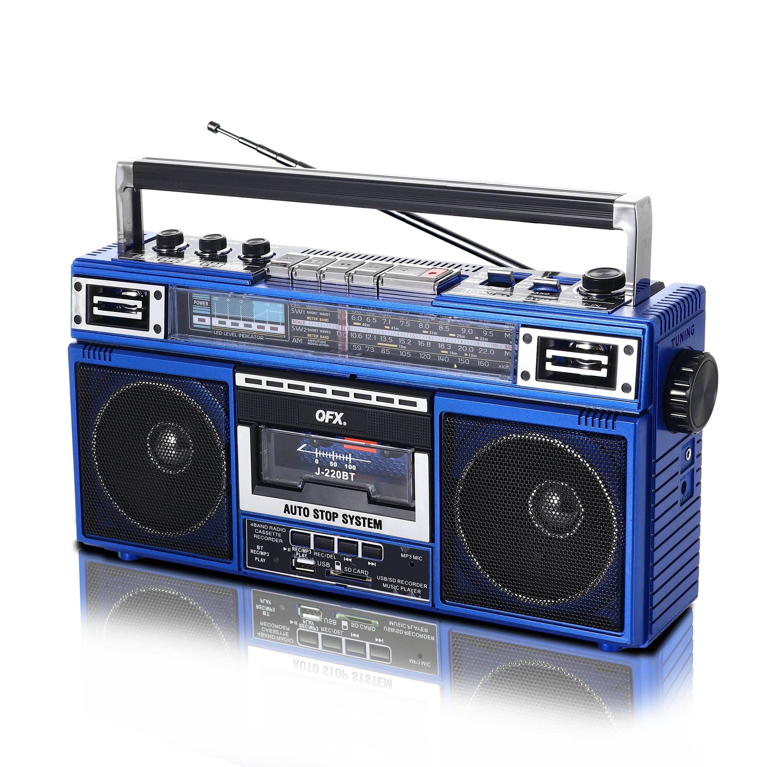 Qfx J 220Bt Blue Boombox Mp3 Conversion From Radio To Cassette With 4 Band (Am, Fm, Sw1, Sw2) Radio With Bluetooth, Dual 3    Sp