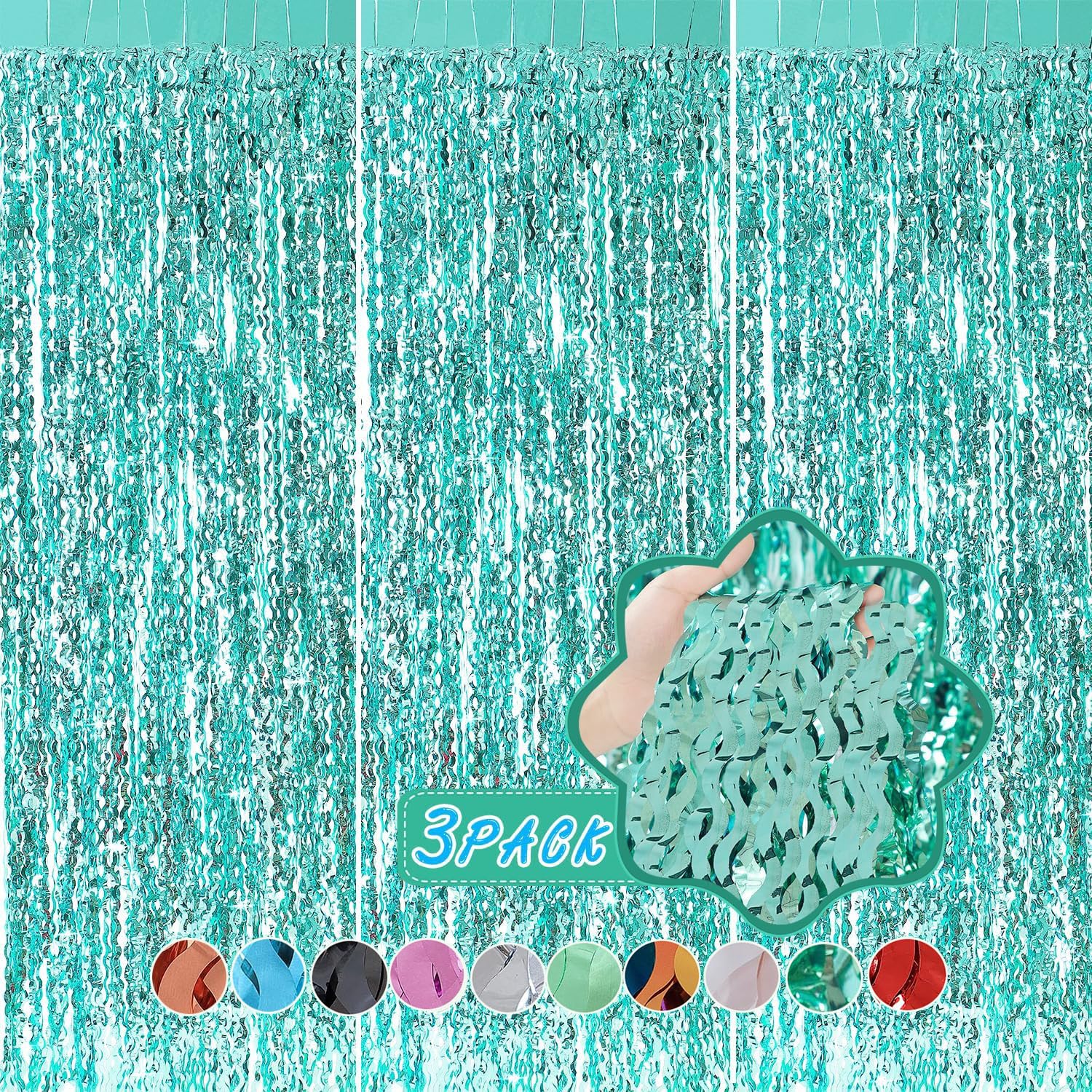 3 Pack Teal Aqua Blue Wave Foil Curtains   3.3 Ft X 6.6 Ft Tinsel Metallic Streamers For Photo Booth Birthday Wedding Girl Princ