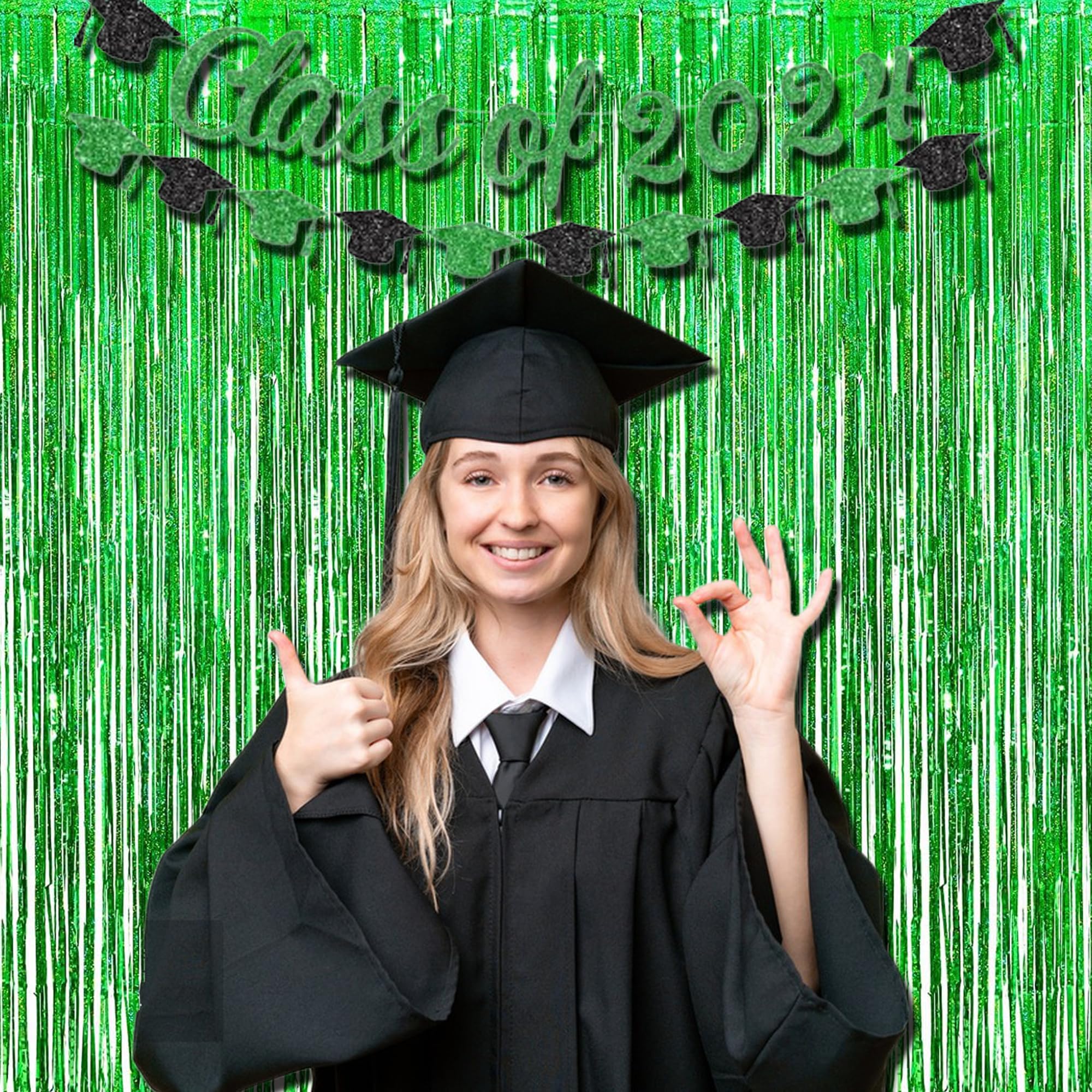 Braveshine Green Metallic Tinsel Foil Fringe Curtains   2 Pack 3.2 X 8.2 Ft Metallic Photo Backdrop For Graduates Theme/St Patri