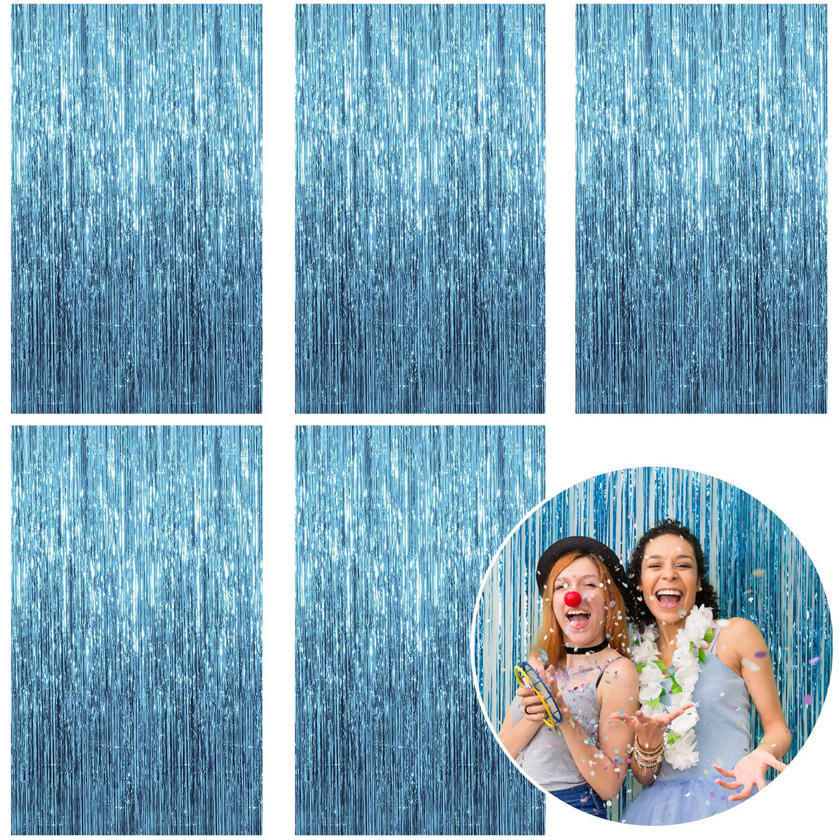 5 Pack Foil Curtain Backdrop Blue Metallic Tinsel Foil Fringe Curtains Photo Booth Props For Birthday Wedding Engagement Baby Sh