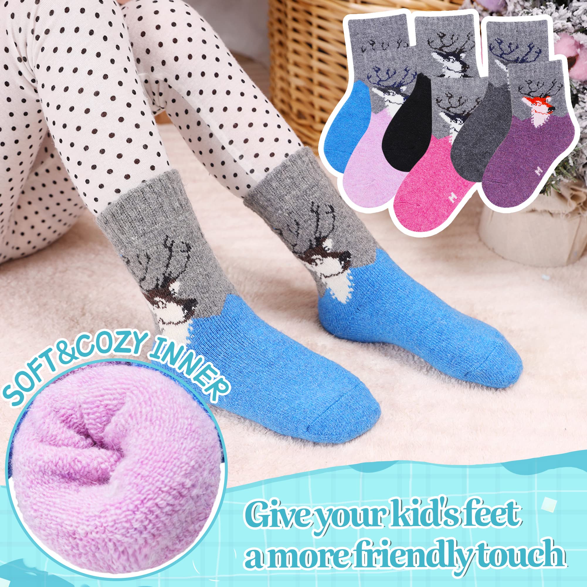 Eocom 6 Pairs Childrens Winter Warm Wool Socks Kids Toddlers Boys Girls Thermal Thick Boot Cozy Crew Socks (4 7 Years, Deer)