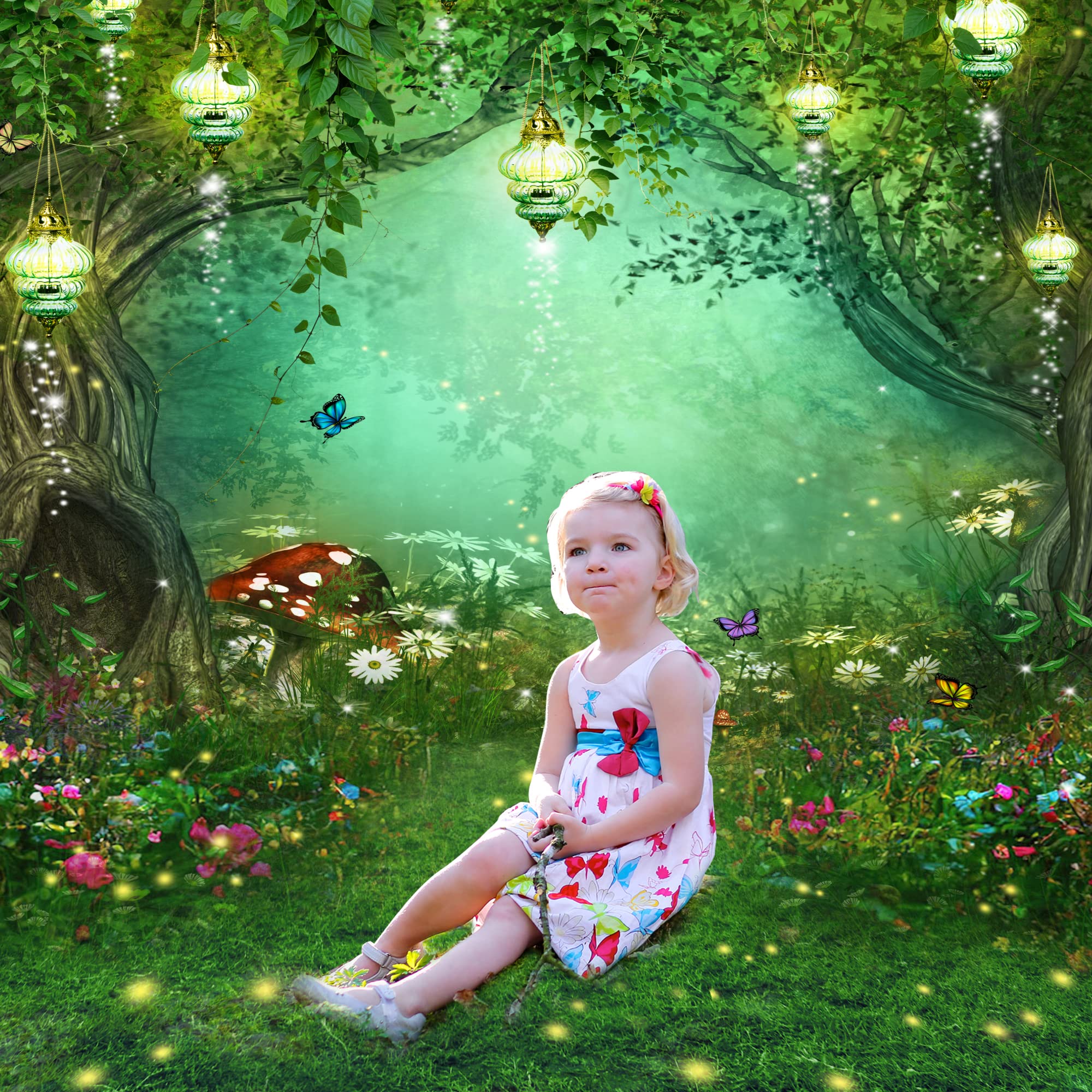 Riyidecor Enchanted Backdrop Polyester Fabric Wonderland Green Fairy Tale Butterfly Woodland Spring 6Wx8H Feet Dream Mushroom Ph
