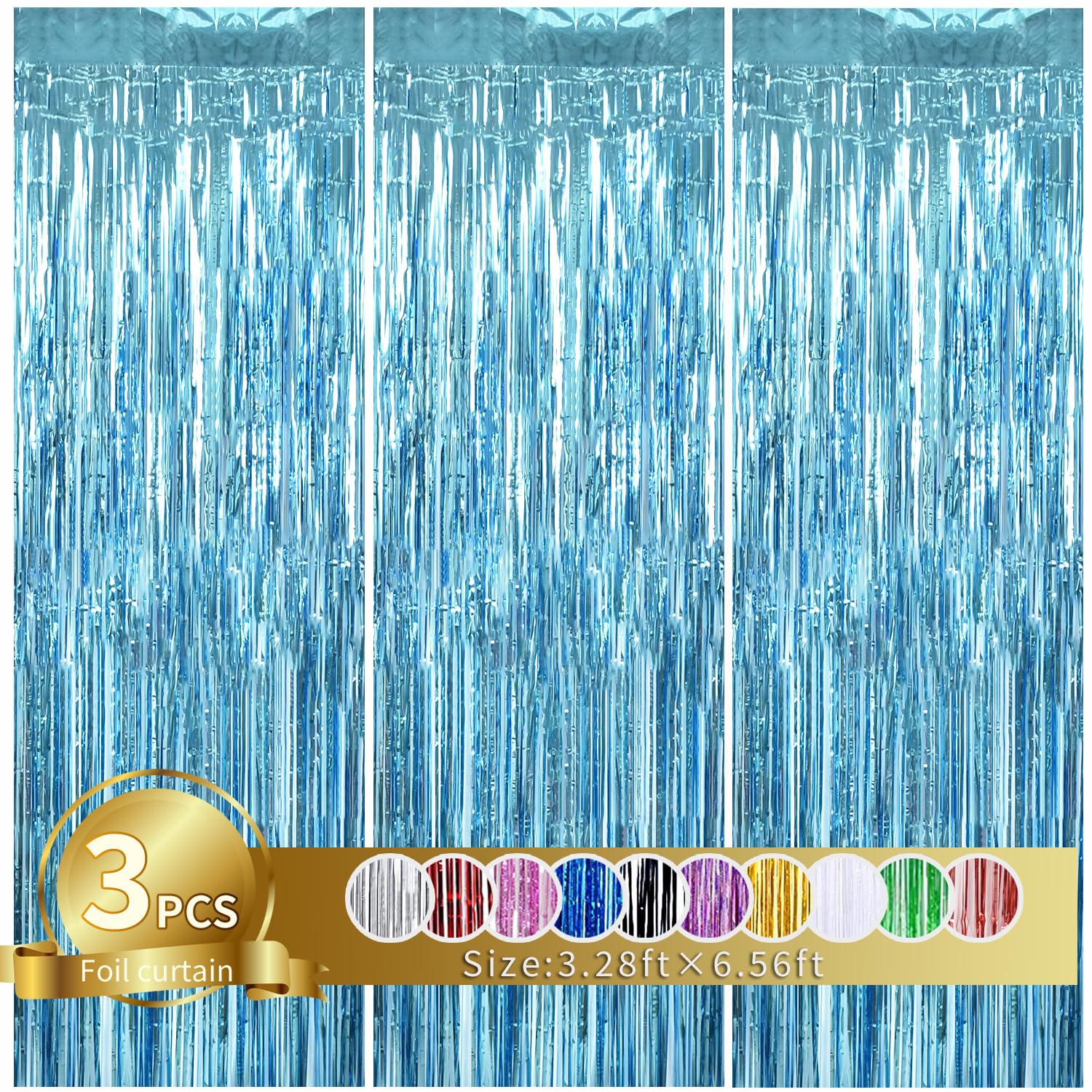 Toniful 3Pcs Light Blue Door Streamers,Light Blue Photo Booth Backdrop Metallic Streamers Foil Fringe Curtains For Birthday,Chri