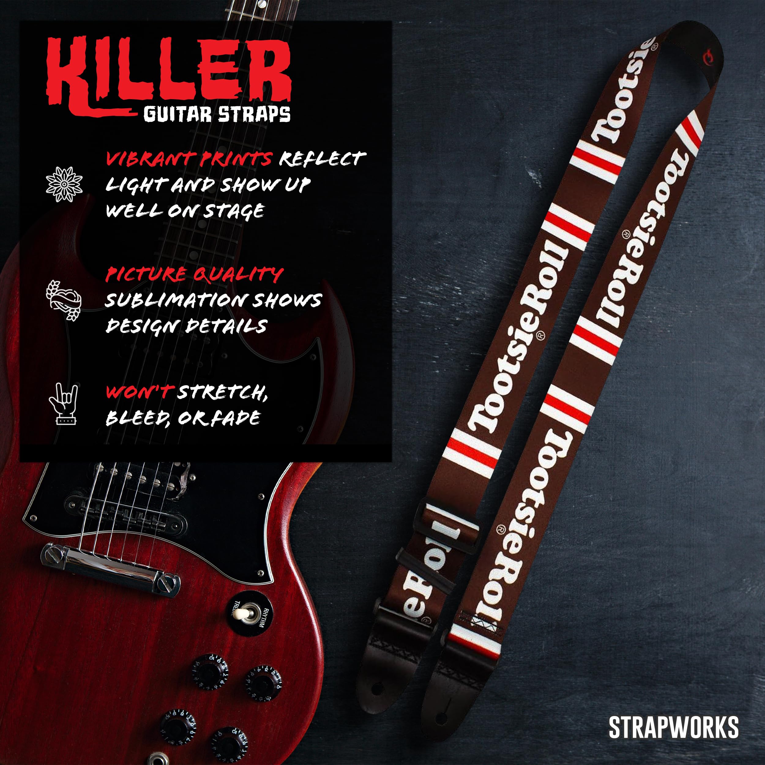 Killer-Q Guitar Strap - Stylish Straps For Electric And Acoustic Guitars With Leather Tabs, 2 Inches X 5 Feet, Tootsie Roll