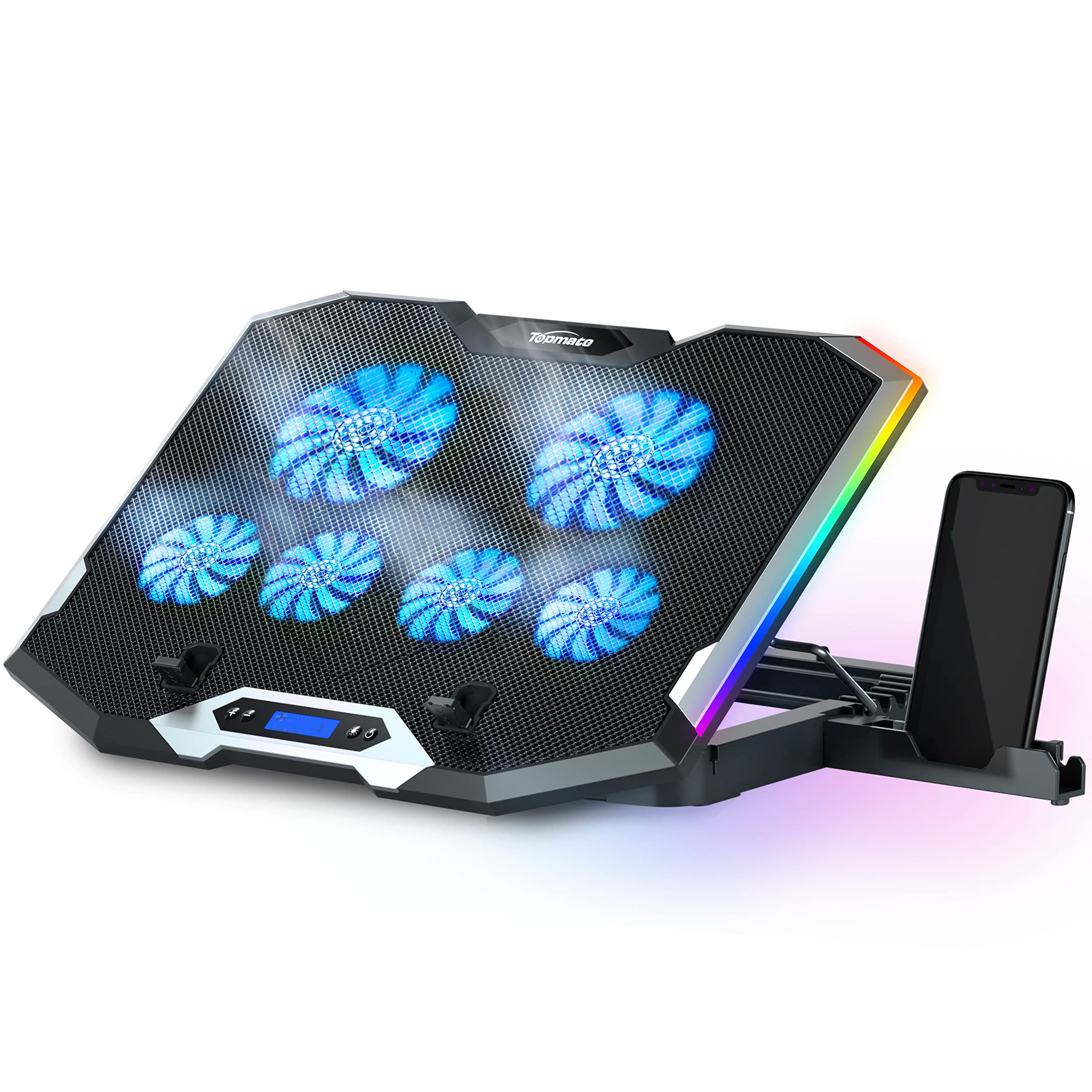 TopMate C11 Laptop Cooling Pad RGB Gaming Notebook Cooler, Laptop Fan Stand Adjustable Height with 6 Quiet Fans and Phone Holder