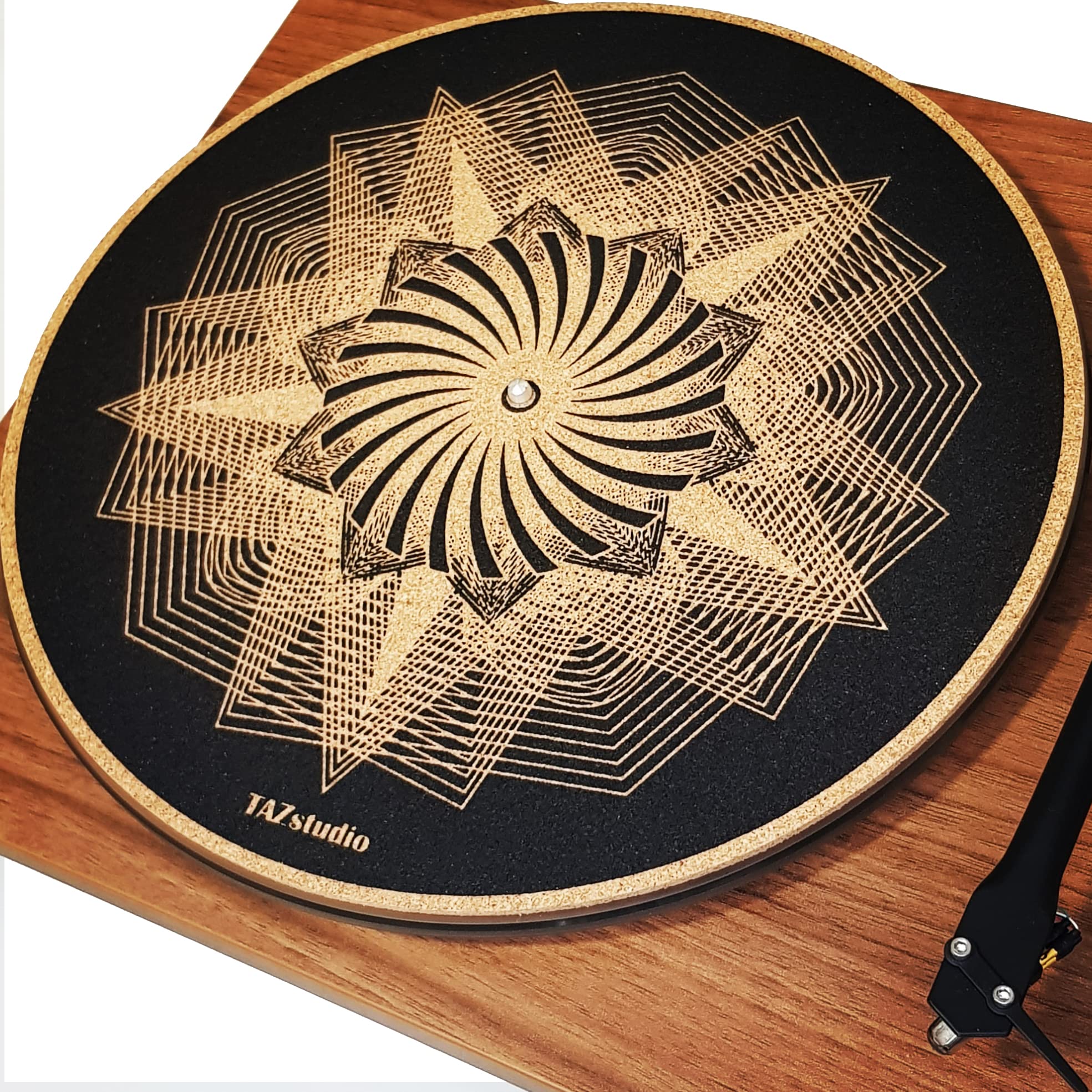 TAZstudio Cork Turntable Mat - 3mm Thickness, Original Geometric Design for Vinyl LP Record Player, 11.6" Size