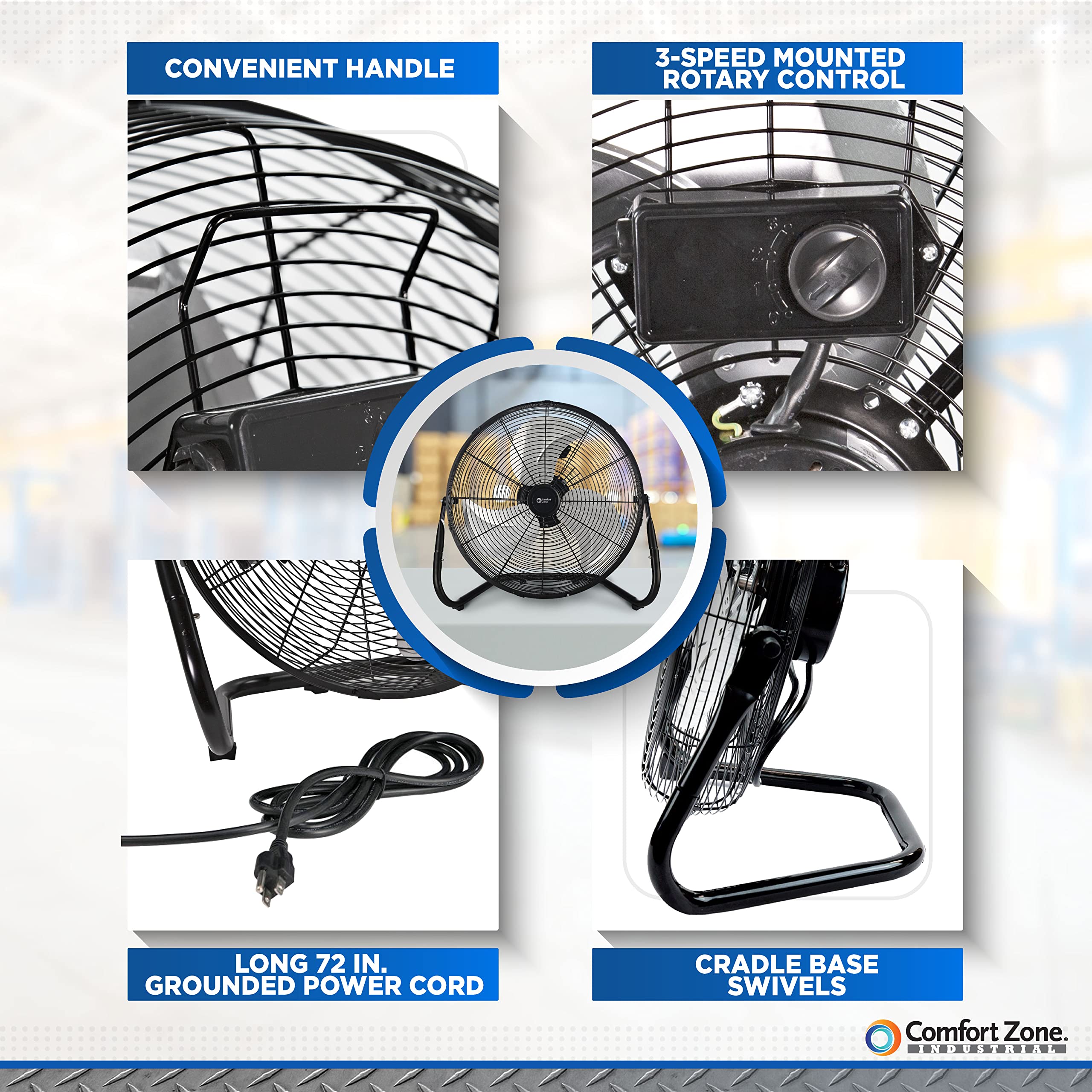Comfort Zone Cradle Floor Fan, Electric, High Velocity,180 Degree Adjustable Tilt, 18 Inch, 3 Speed, Carry Handle, Rubber Feet,