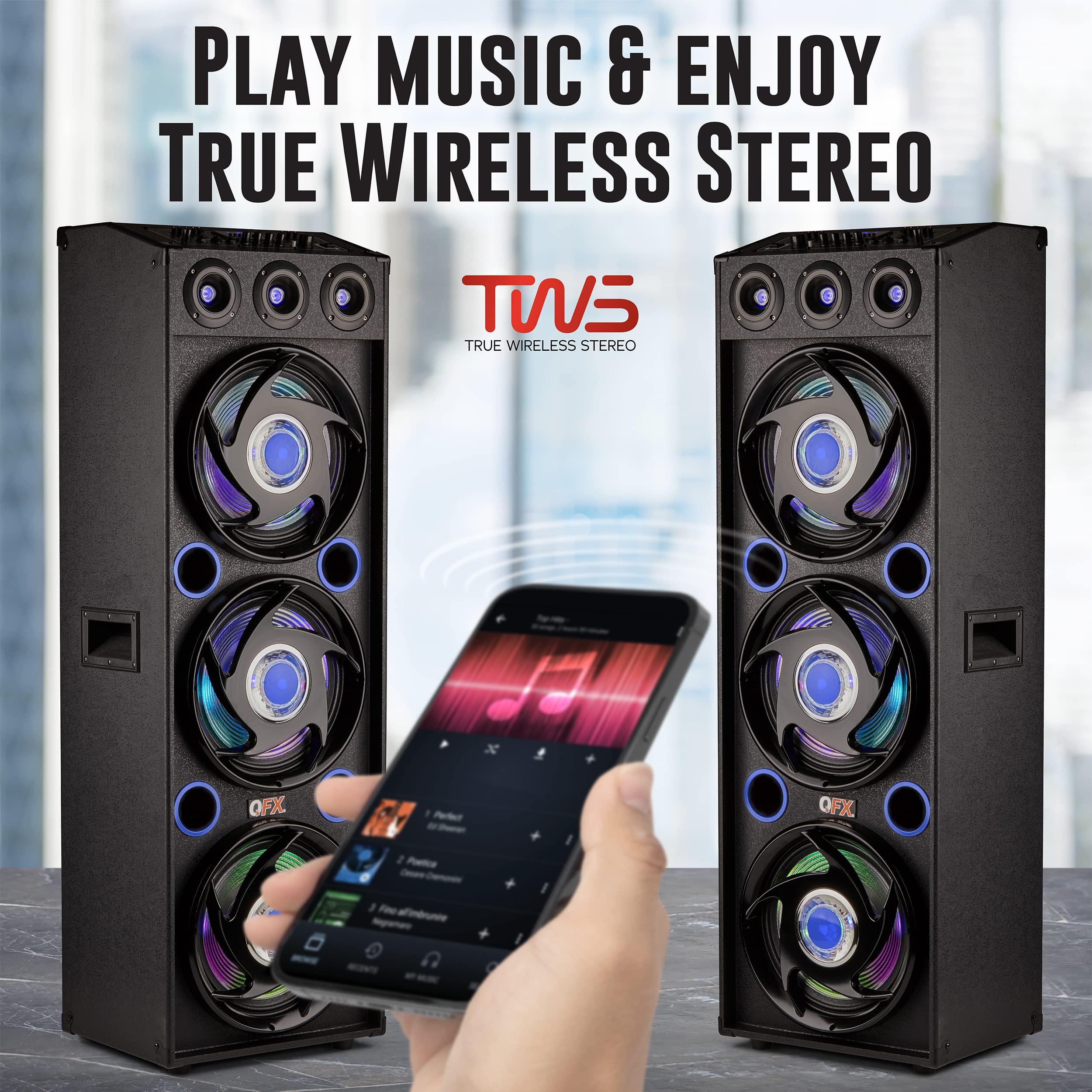 Qfx Sbx 412300Bt Tws Bluetooth Triple 12� Woofer Triple 1� Tweeter Recording High Performance Pa Cabinet Speaker With 10 Band Graphic Eq, 2 Microphone Inputs, Guitar Input, And Aux Input, Blue