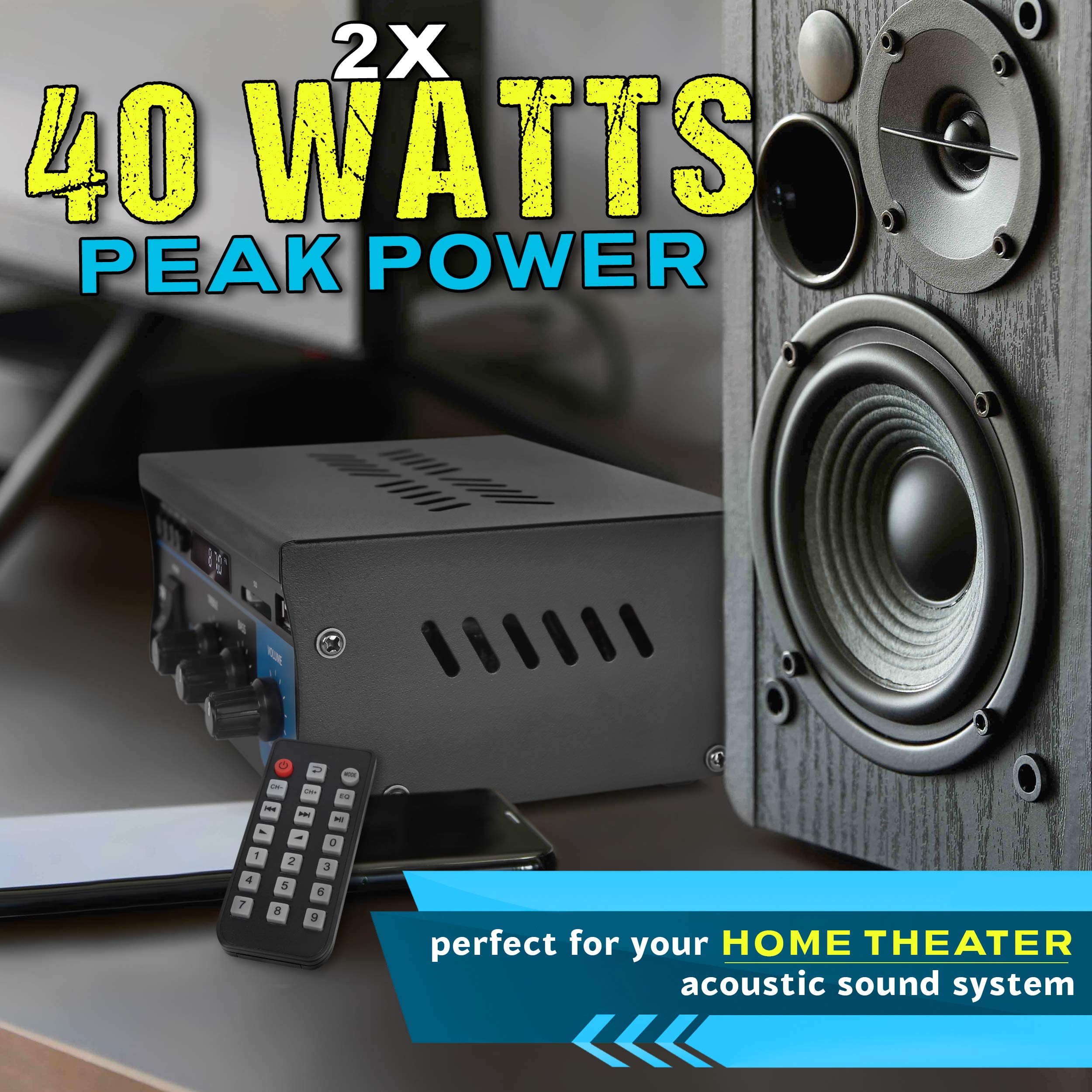 Pyle Home Home Audio Power Amplifier System 2X40W Mini Dual Channel Sound Stereo Receiver Box W/ Led For Amplified Speakers, Cd