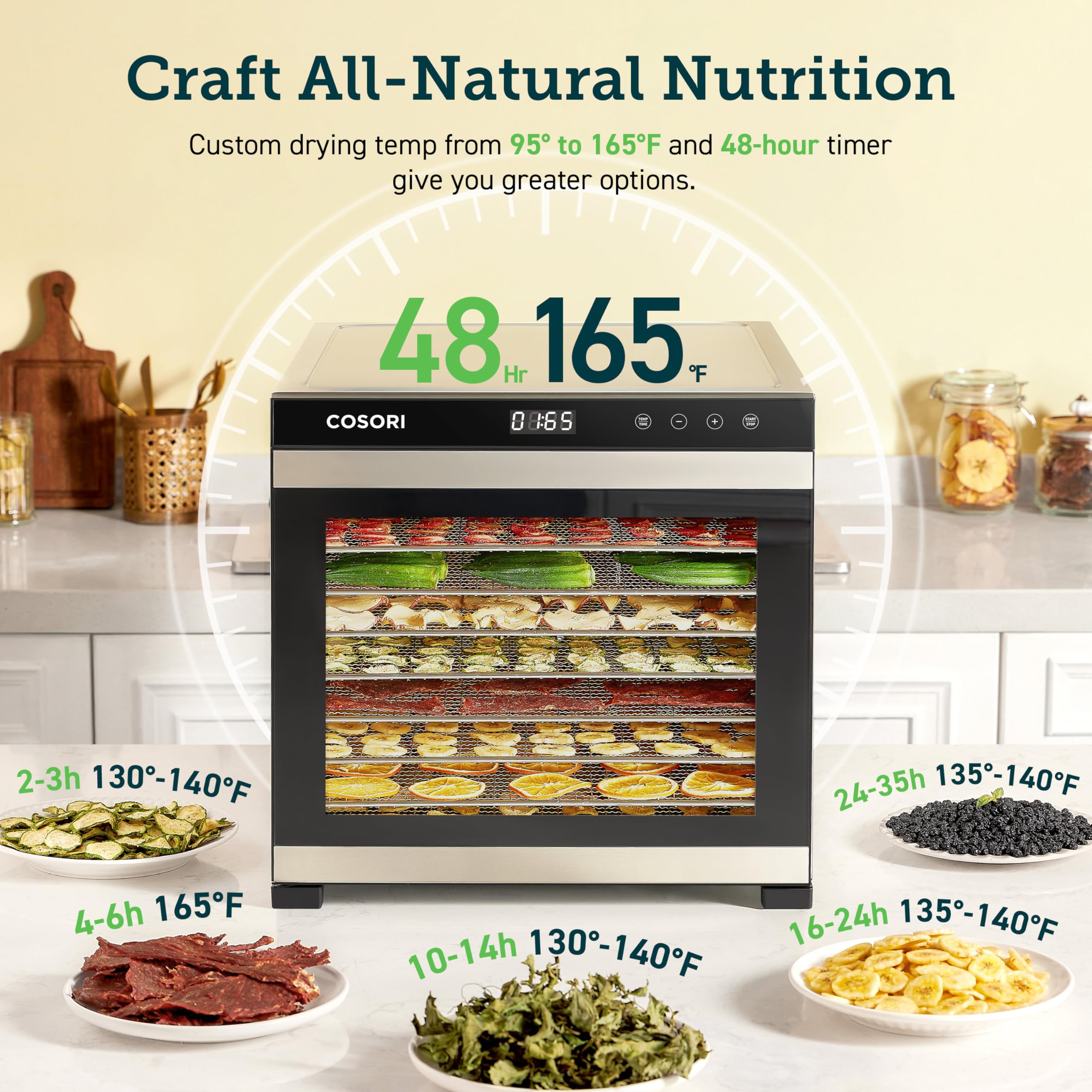 Cosori Food Dehydrator For Jerky, 10 Trays, 16.2Ft? Drying Space, 165?F Temperature Control, 48H Timer, 1000W Dehydrator Machine