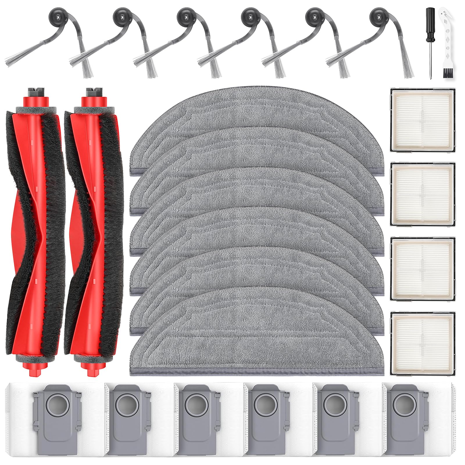 NIXOOT 26 Pcs Replacement Kit for Q10 S5+ Robot Vacuum, 2 Main Brush, 4 HEPA Filter, 6 Mop Pads, 6 Side Brush, 6 Dust Bag,1 Clea