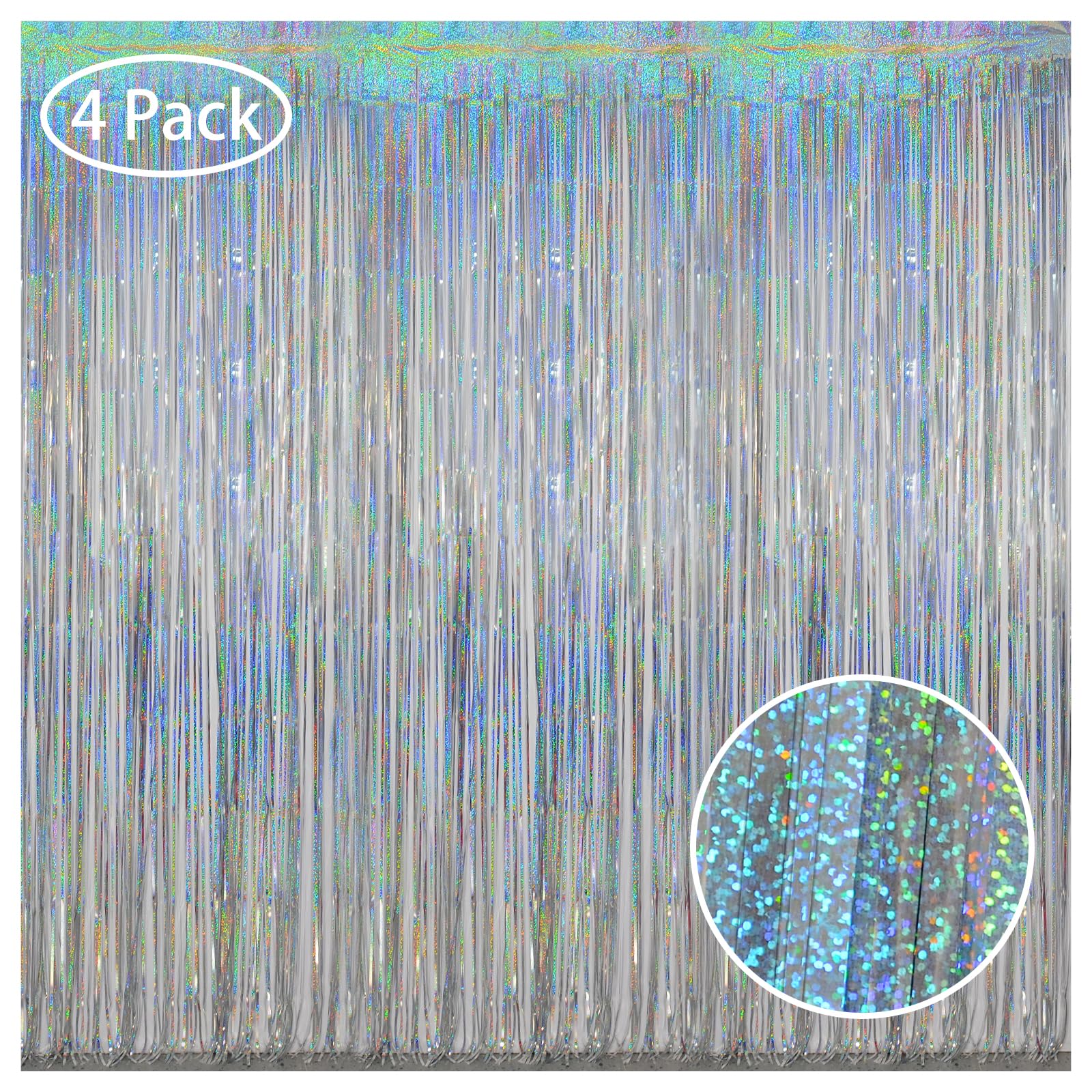 Melsan Silver Foil Curtain Tinsel Backdrop, 3.2 Ft X 8 Ft Tinsel Foil Fringe Curtains Backdrop, Sparkle Metallic Foil Curtains F