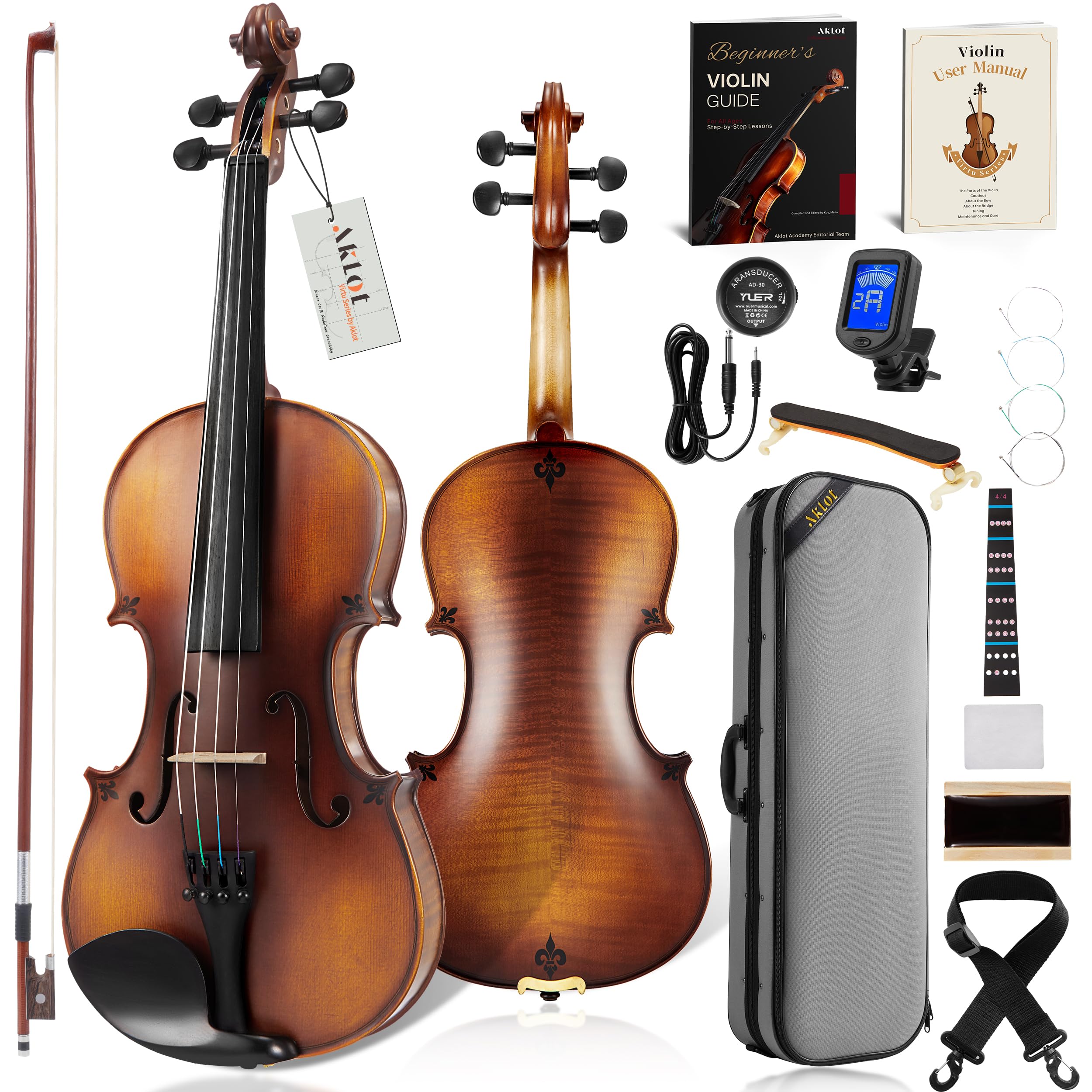 AKLOT Handcrafted Flamed Maple Violin: Full Size Fiddle, Acoustic Advanced Violin Kit with Ebony Bow, Solid Wood Shoulder Rest, 