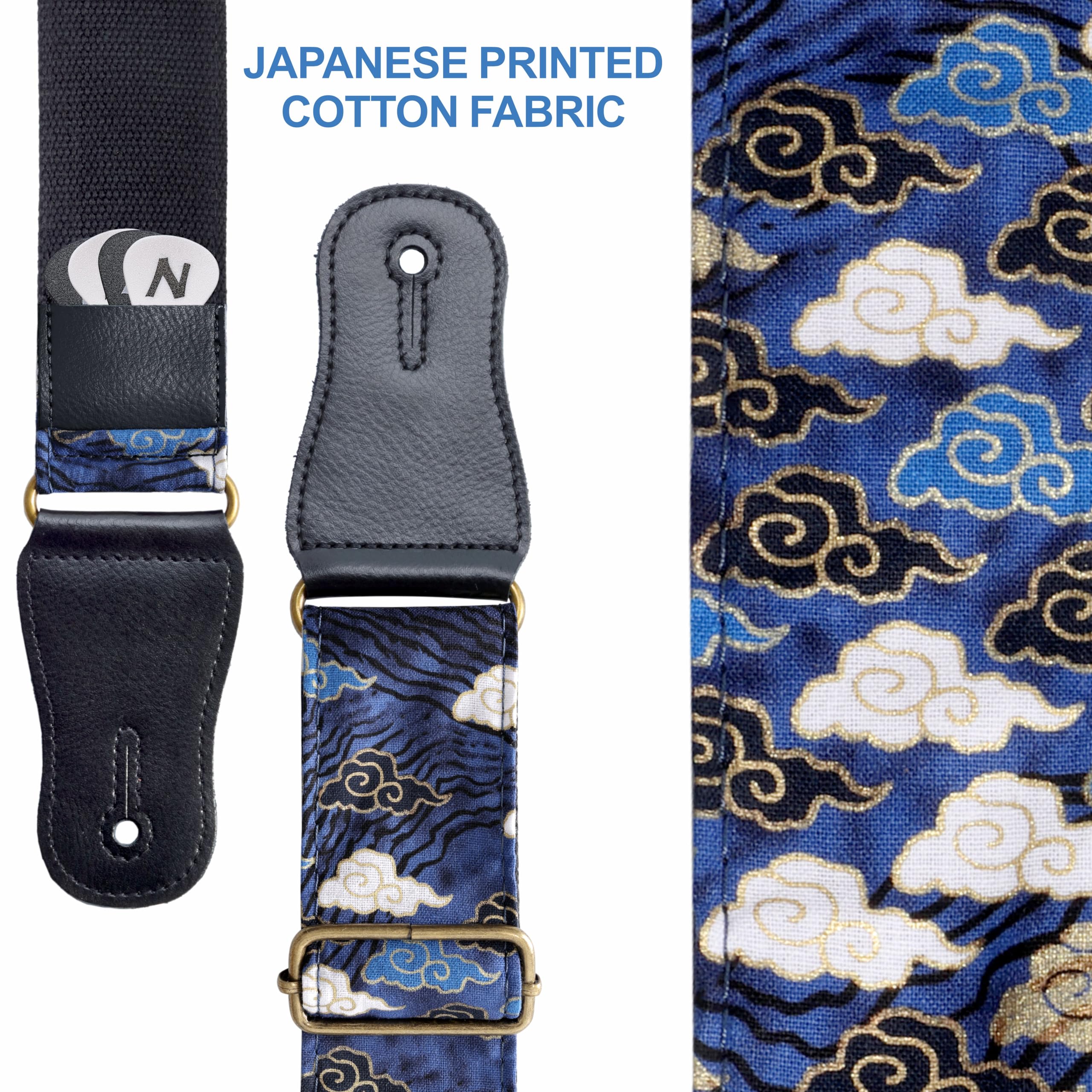 Nefelibata Japanese Cotton Guitar Strap For Acoustic Guitar, Ukulele, Free Headstock Strap Adapter With Buckle, Guitar Picks And