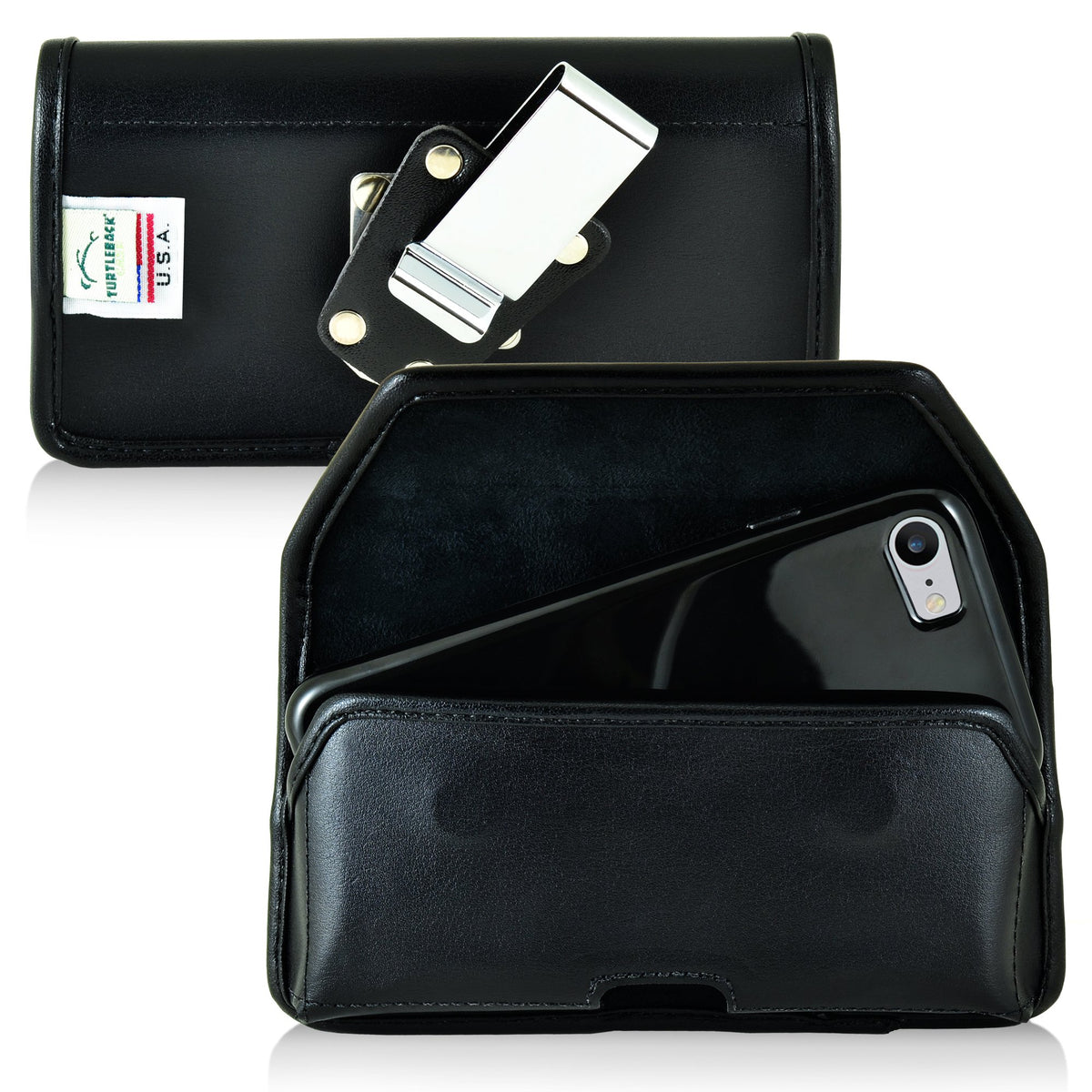 Turtleback Belt Case for iPhone 8, iPhone 7, Black Holster Leather Pouch with Heavy Duty Rotating Ratcheting Belt Clip Horizontal