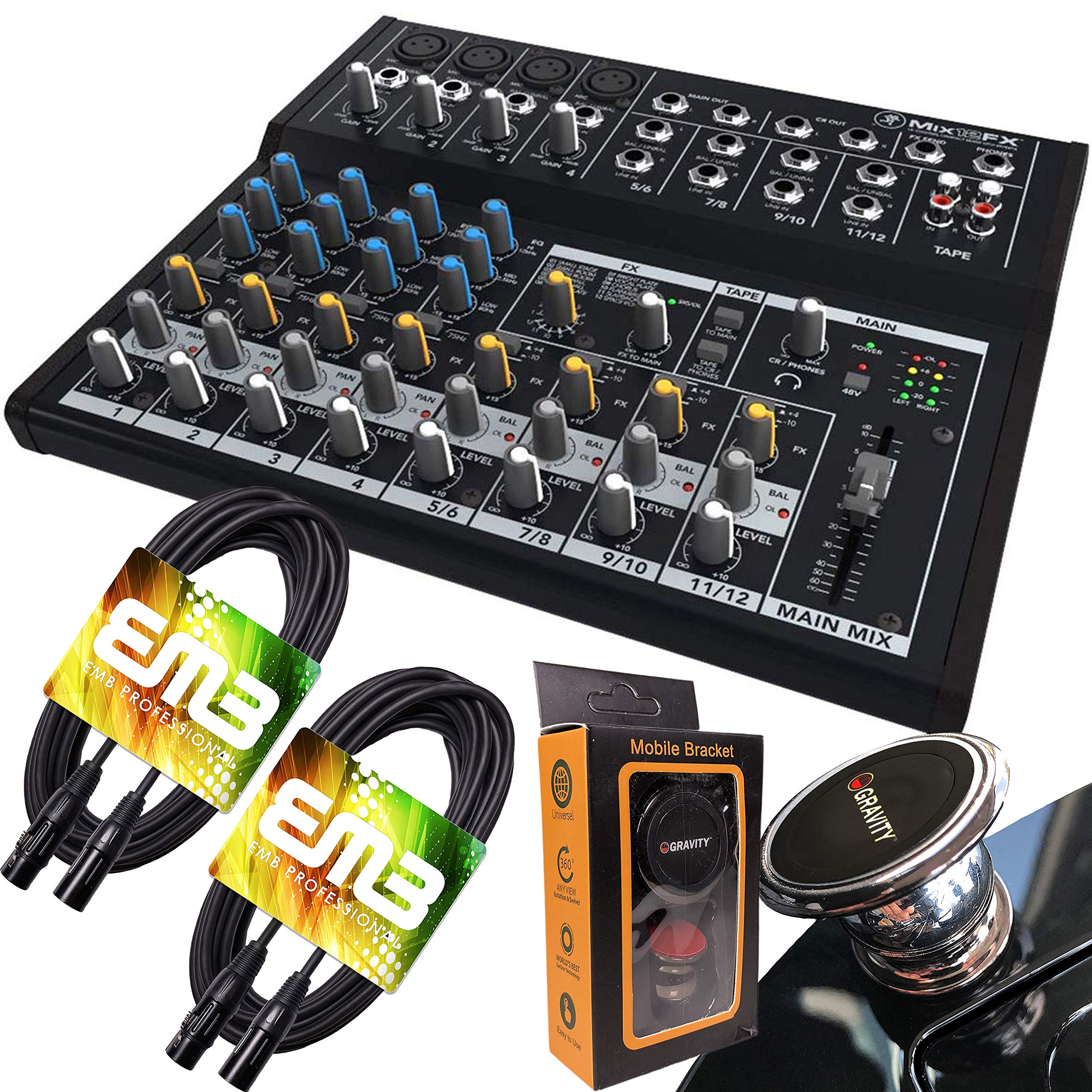 Mackie Mix12Fx 12 Channel Compact Mixer With Effects With Pair Of Emb Xlr Cable And Gravity Magnet Phone Holder Bundle (2)+M