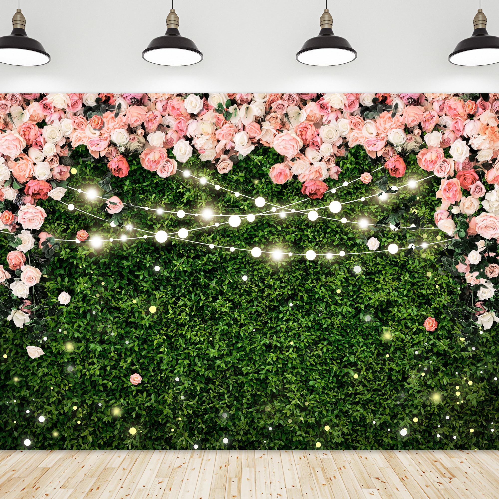 Riyidecor Flower Wall Backdrop 7Wx5H Feet Polyester Fabric Pink Rose Floral Blossom Green Leaves Plant Spring Nature Birthday Wo