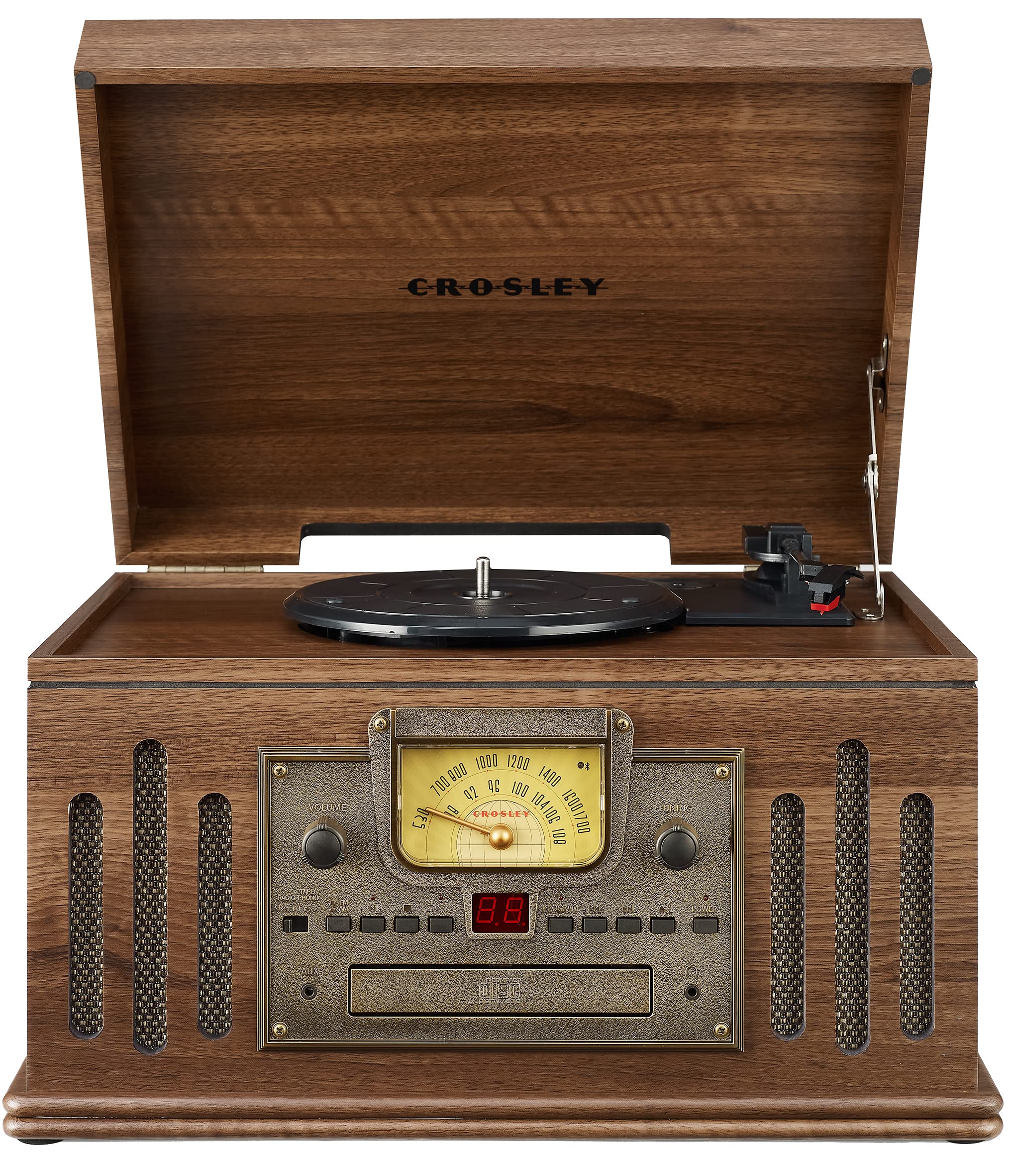 Crosley Cr704B Wa Musician 3 Speed Turntable With Radio, Cd/Cassette Player, Aux In And Bluetooth, Walnut