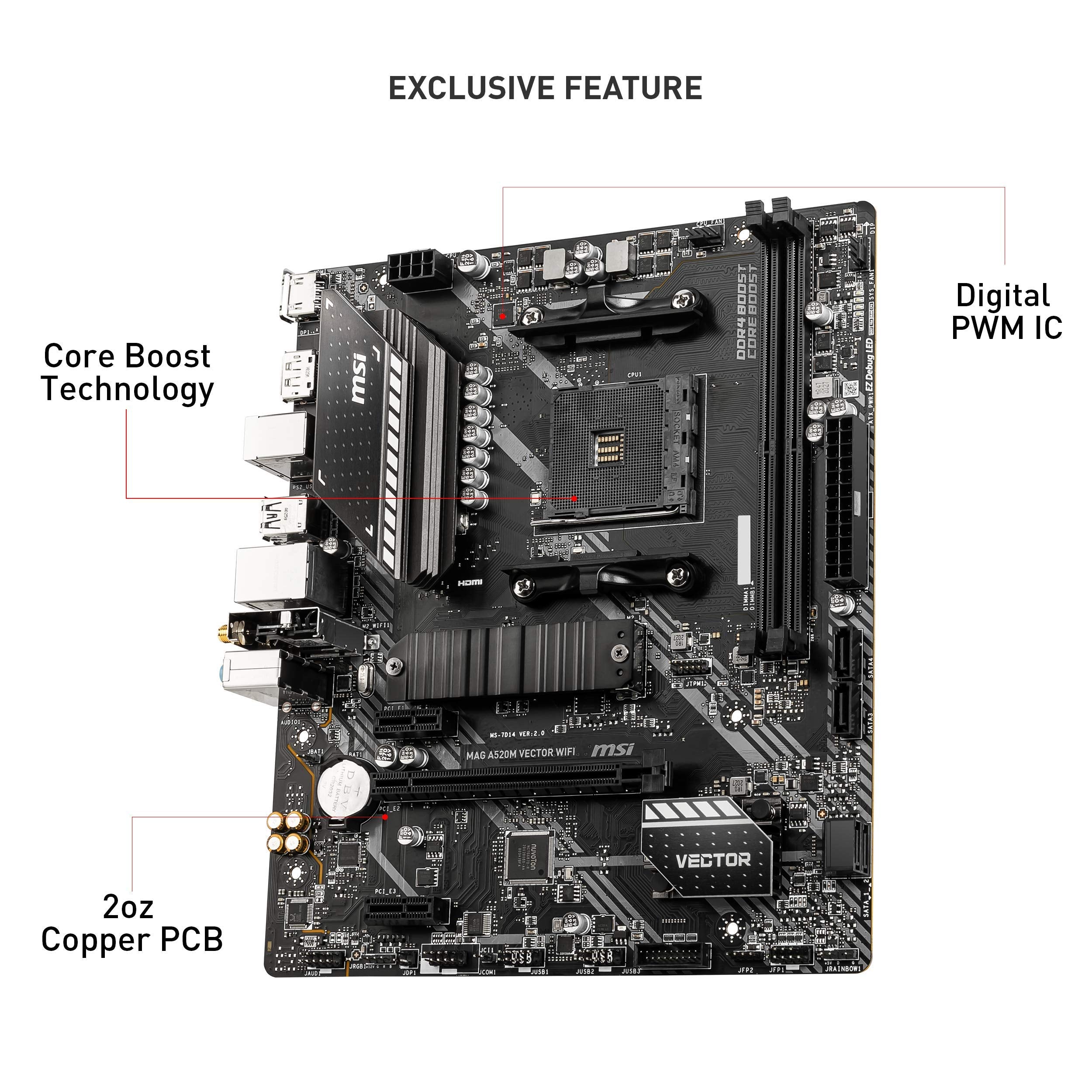 Msi Mag A520M Vector Wifi Gaming Motherboard (Amd Am4, Ddr4, Pcie 3.0, Sata 6Gb/S, 1* M.2, Usb 3.2 Gen 1, Hdmi/Dp, Wifi 5, Micro