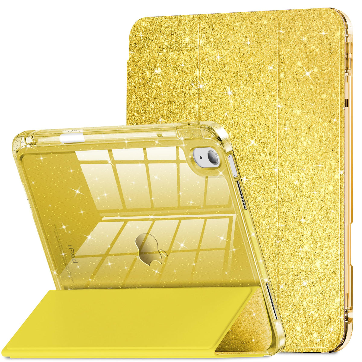 Infiland Compatible With Ipad 10Th Generation Case, Ipad Case 10Th Generation 10.9 Inch, Glitter Leather Cover With Sparkly Crystal Clear Back, Pencil Holder, Anti Yellowing (Golden Yellow)