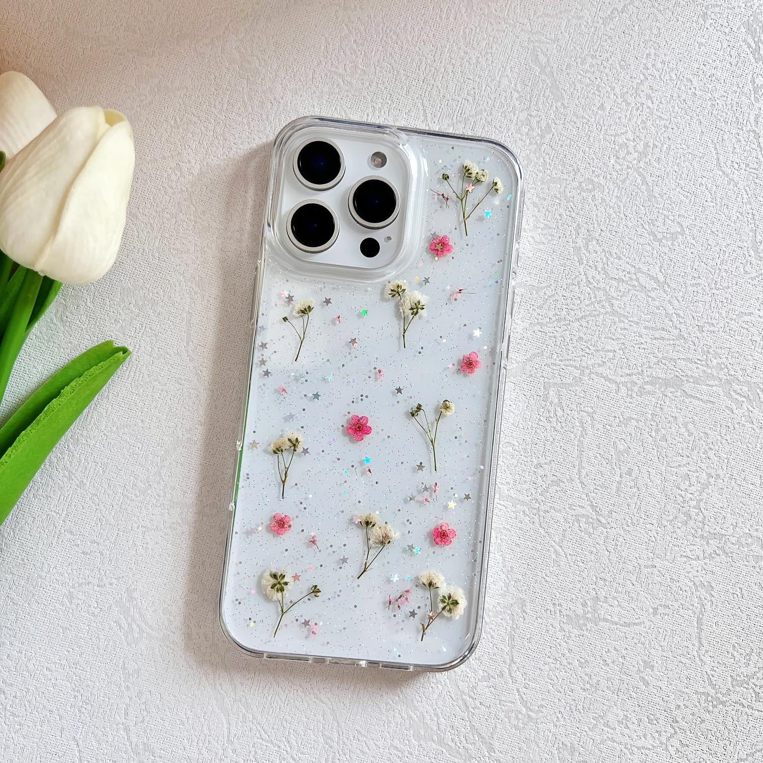 Lseeka For Iphone 16 Pro Clear Case With Pressed Real Flowers Design,Glitter Cute Pink Floral Pattern Slim Soft Tpu Protective W