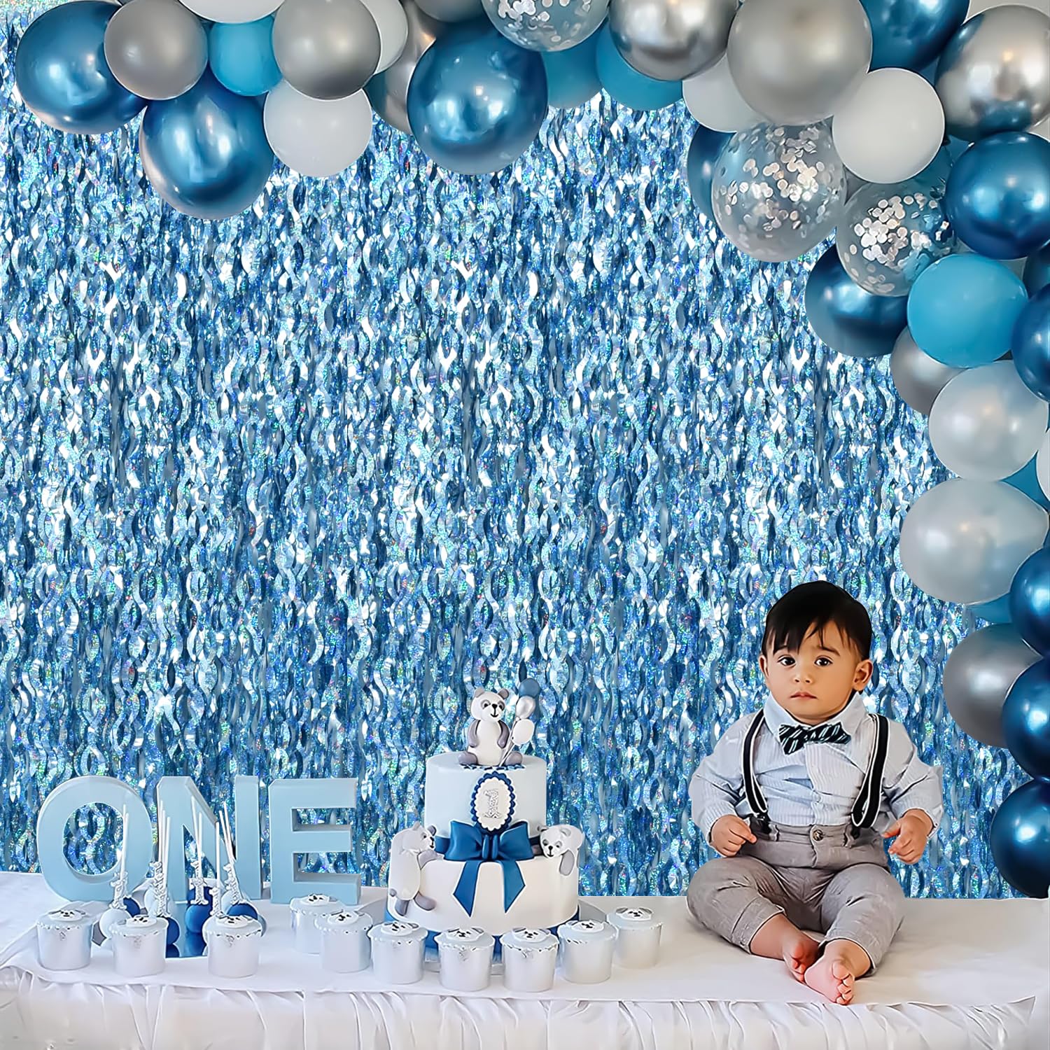 Toniful 3Pcs Wavy Metallic Tinsel Foil Fringe Curtains Light Blue Streamer Backdrop For Photo Booth Props,Party Door Wall Curtai