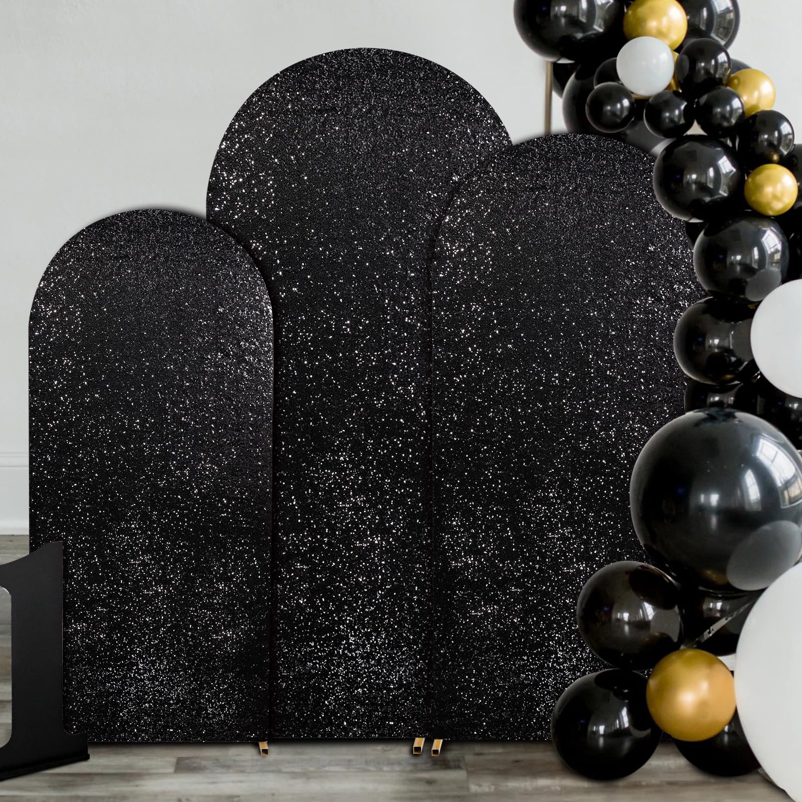 Arch Cover Set Of 3 Black Arch Backdrop Covers 6Ft, 6.6Ft, 7.2Ft Sparkly Fabric Backdrop Covers For Halloween Party Ceremony Dec