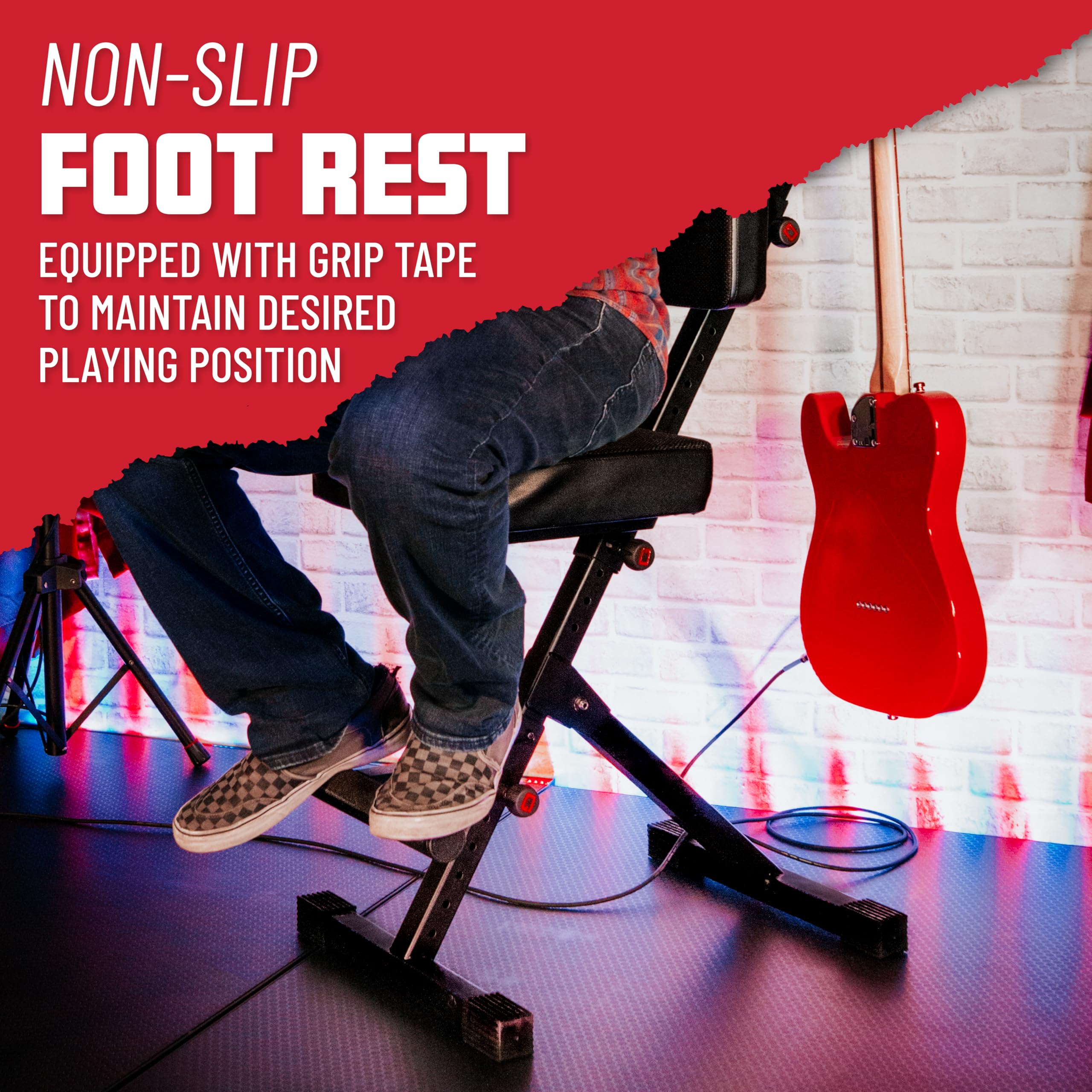 Gator Frameworks Deluxe Guitar Seat With Adjustable Padded Backrest And Cushion, Rear Guitar Hanger Holds Both Acoustic And Elec