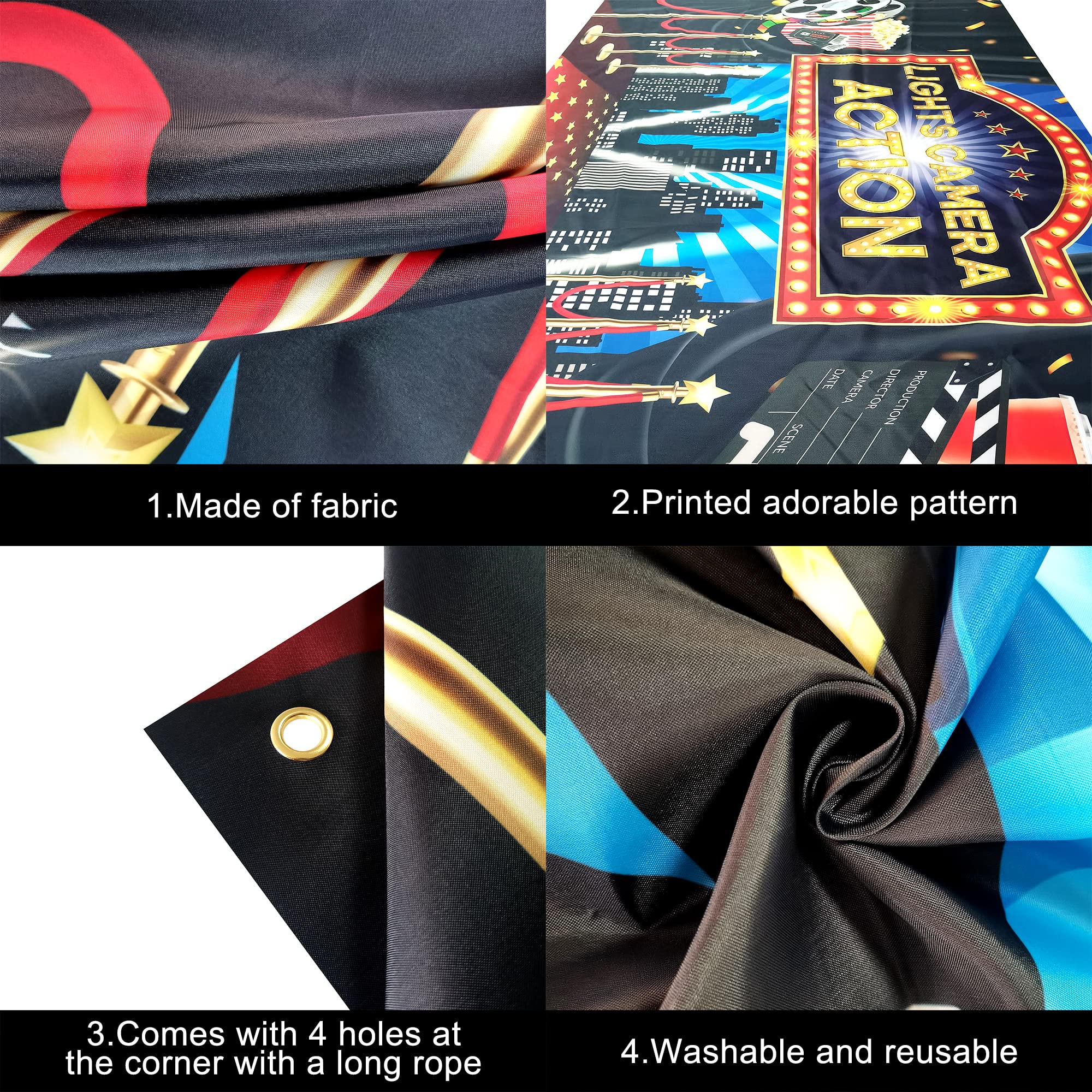 Katchon, Lights Camera Action Backdrop   Large, 72X44 Inch | Movie Theme Party Decorations, Oscar Party Decorations | Lights Cam