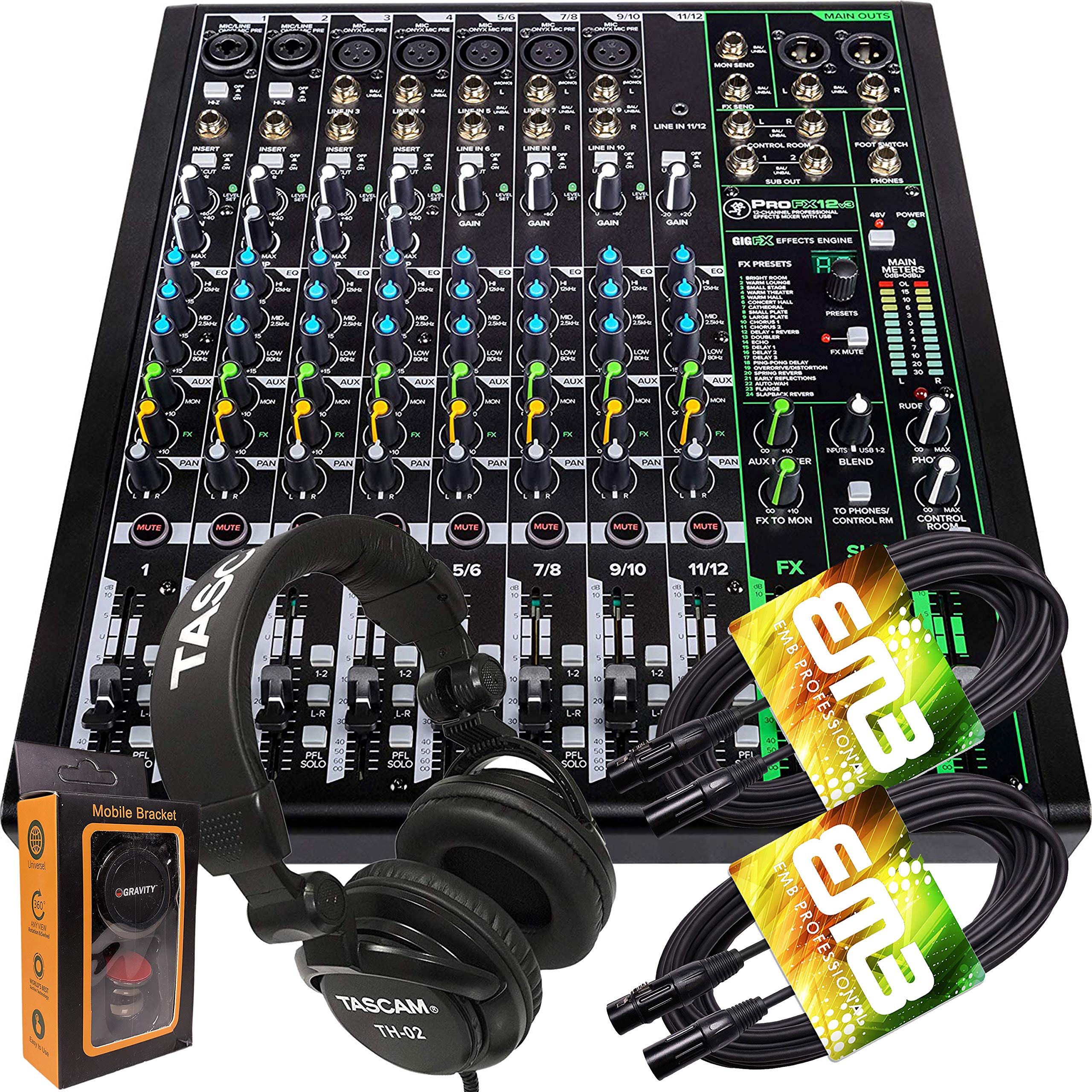 Mackie Profx12V3 12 Channel Mixer With Built In Effects And Usb + Pro Headphone With Pair Of Emb Xlr Cable And Gravity Magnet Phone Holder Bundle, Th02 (2)+M