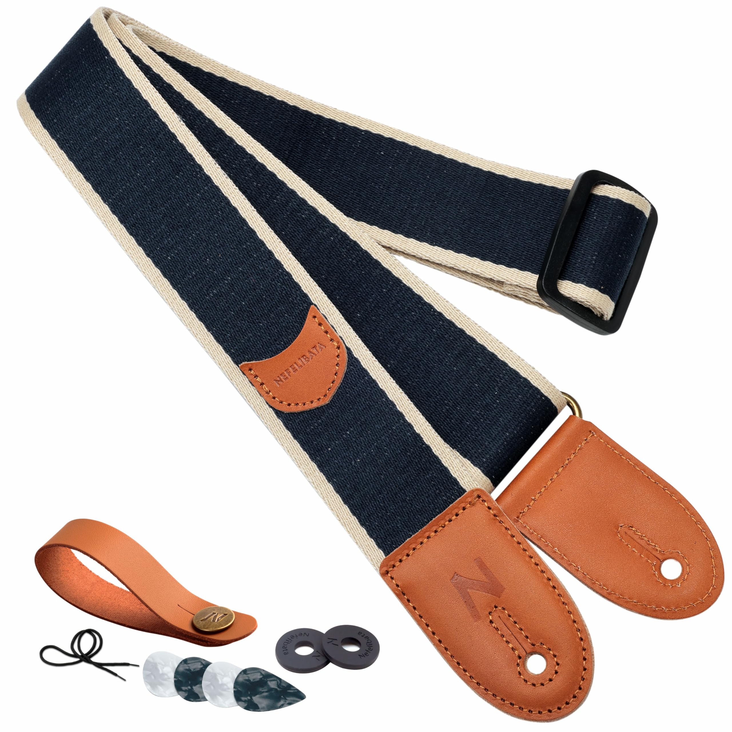 Nefelibata Guitar Strap, Cotton Full Grain Leather Ends Guitar Straps With Pick Pocket For Bass, Electric & Acoustic Guitar, Com