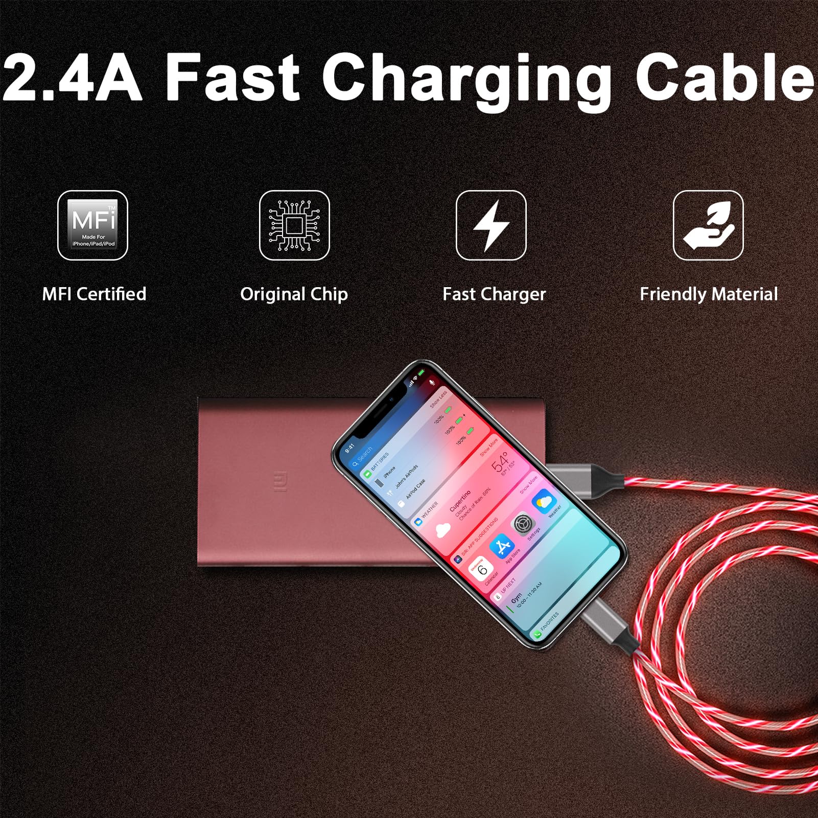 Light Up Iphone Charger Cable Led Apple Charger Cord Apple Mfi Certified Cool Usb Fast Charging For Iphone 14 13 12 11 Pro Max Xr X Se 8 Plus Ipad Ipod Touch More (Red, 6 Ft)