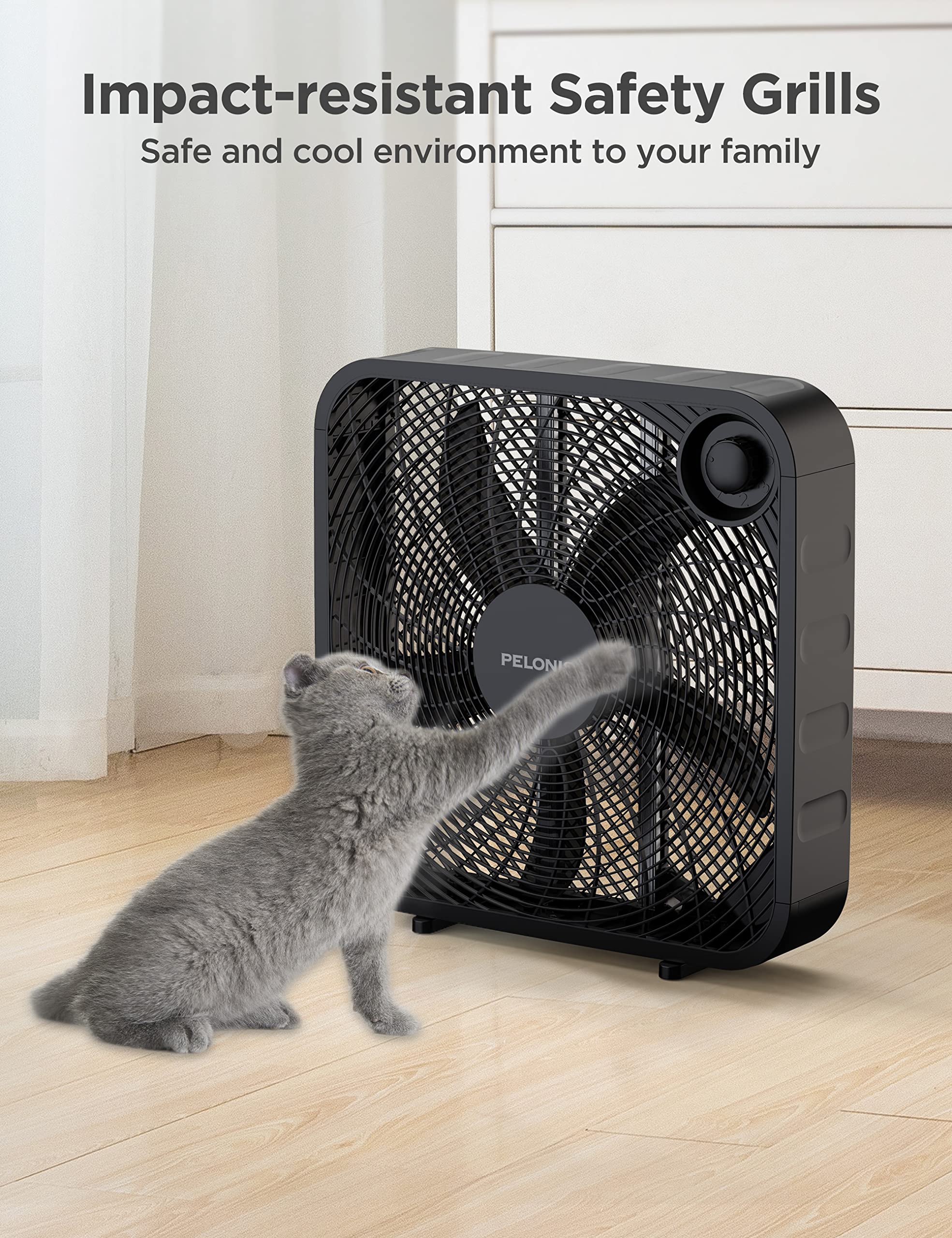 Pelonis 3 Speed Box Fan For Full Force Circulation With Air Conditioner, Upgrade Floor Fan, Black, Medium