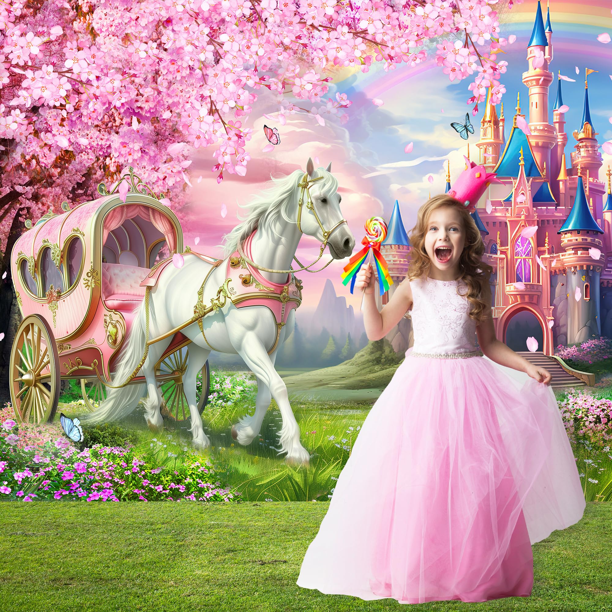 Riyidecor Princess Castle Backdrop Polyester Fabric Pink Sakura Rainbow Flowers Floral Fantasy Fairy Tale Wonderland 7Wx5H Feet