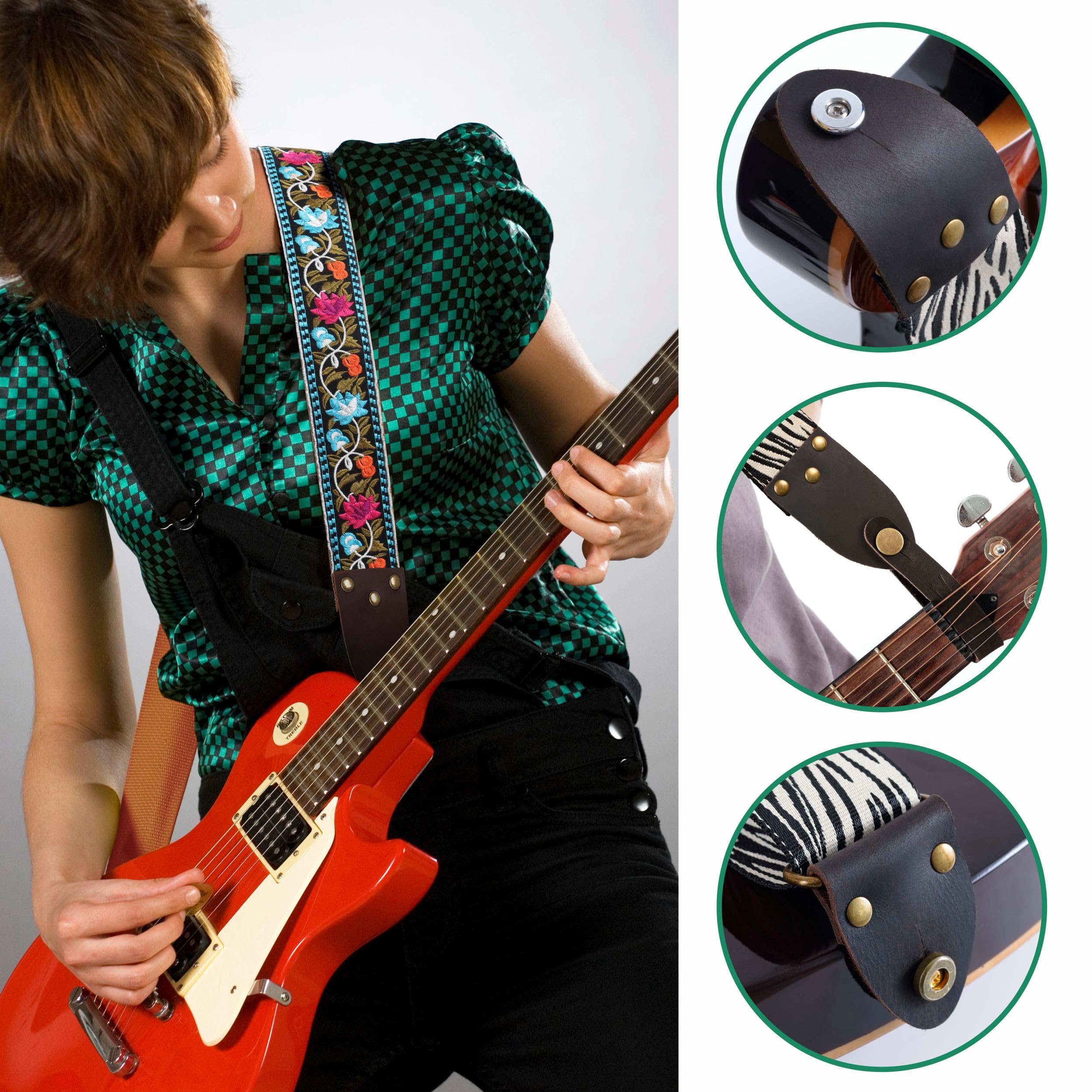 Nefelibata Guitar Strap,Vintage Jacquard Embroidery Cotton Guitar Straps With Crazy Horse Leather Ends For Electric,Acoustic,Com