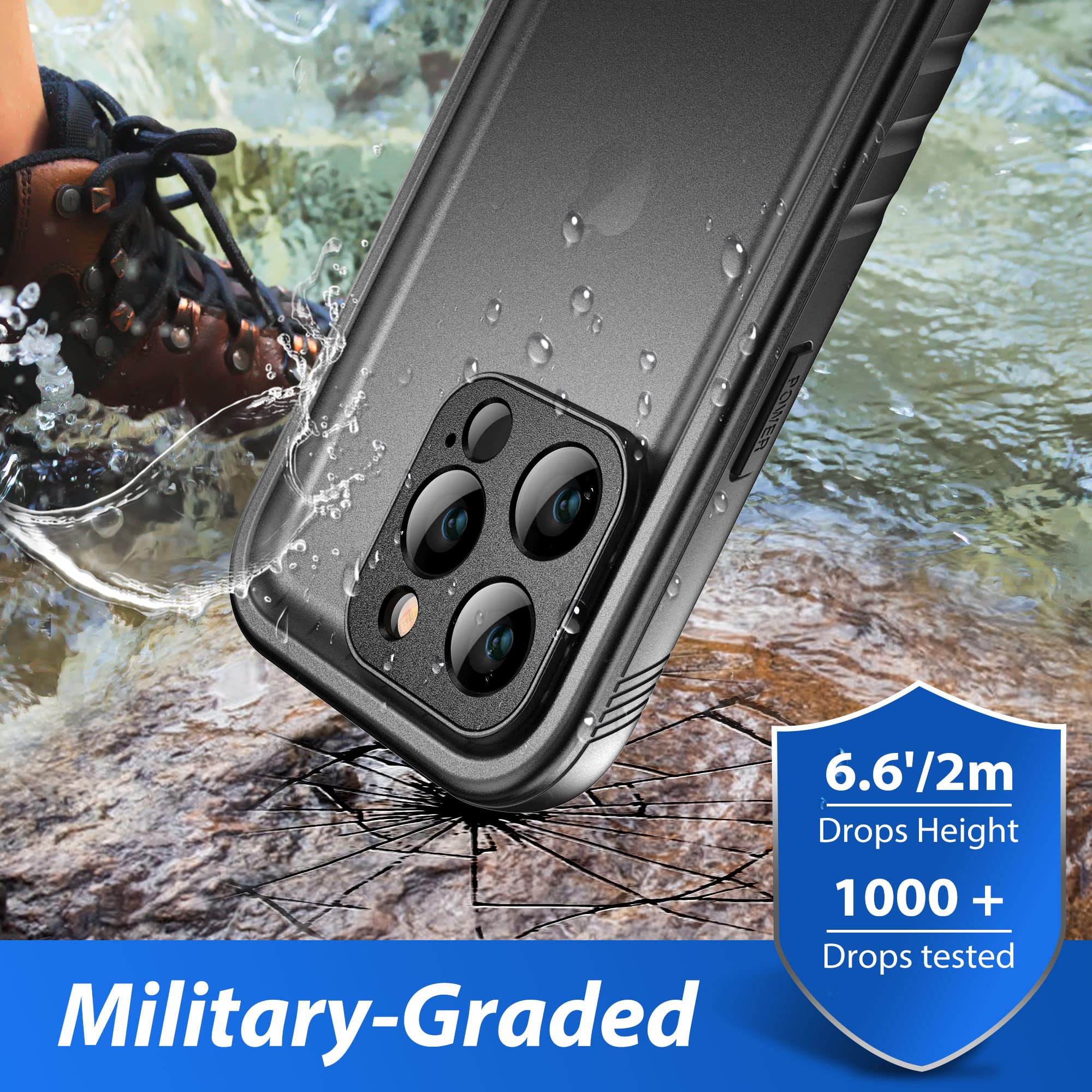 SPORTLINK iPhone 14 Pro Waterproof Shockproof Dustproof Full Body Case with Built-in Screen Protector Black Polycarbonate