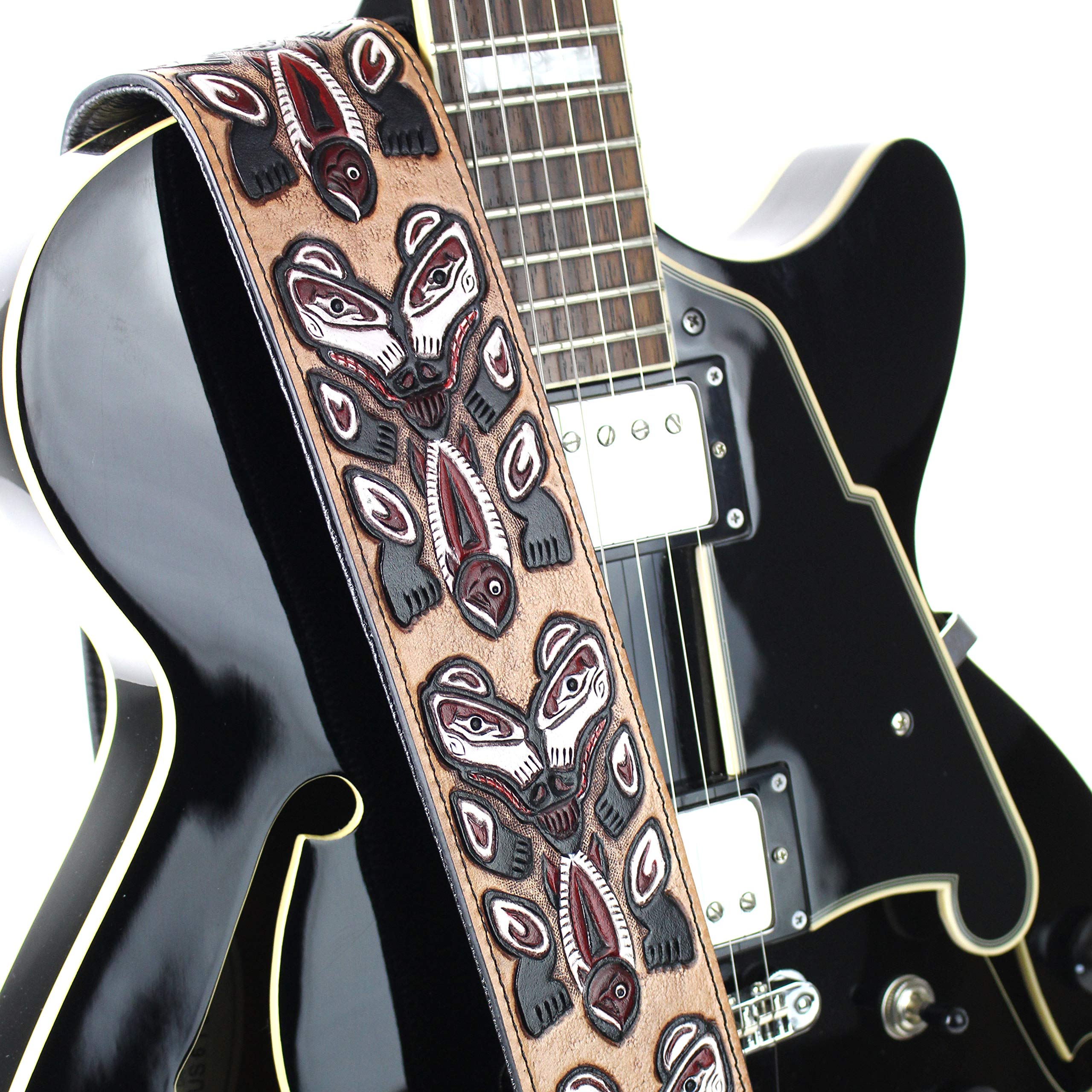 Walker And Williams Lhr 23 Handmade Black Premium Carved Leather Guitar Strap With Bear Totem Carving For Acoustic, Electric, An