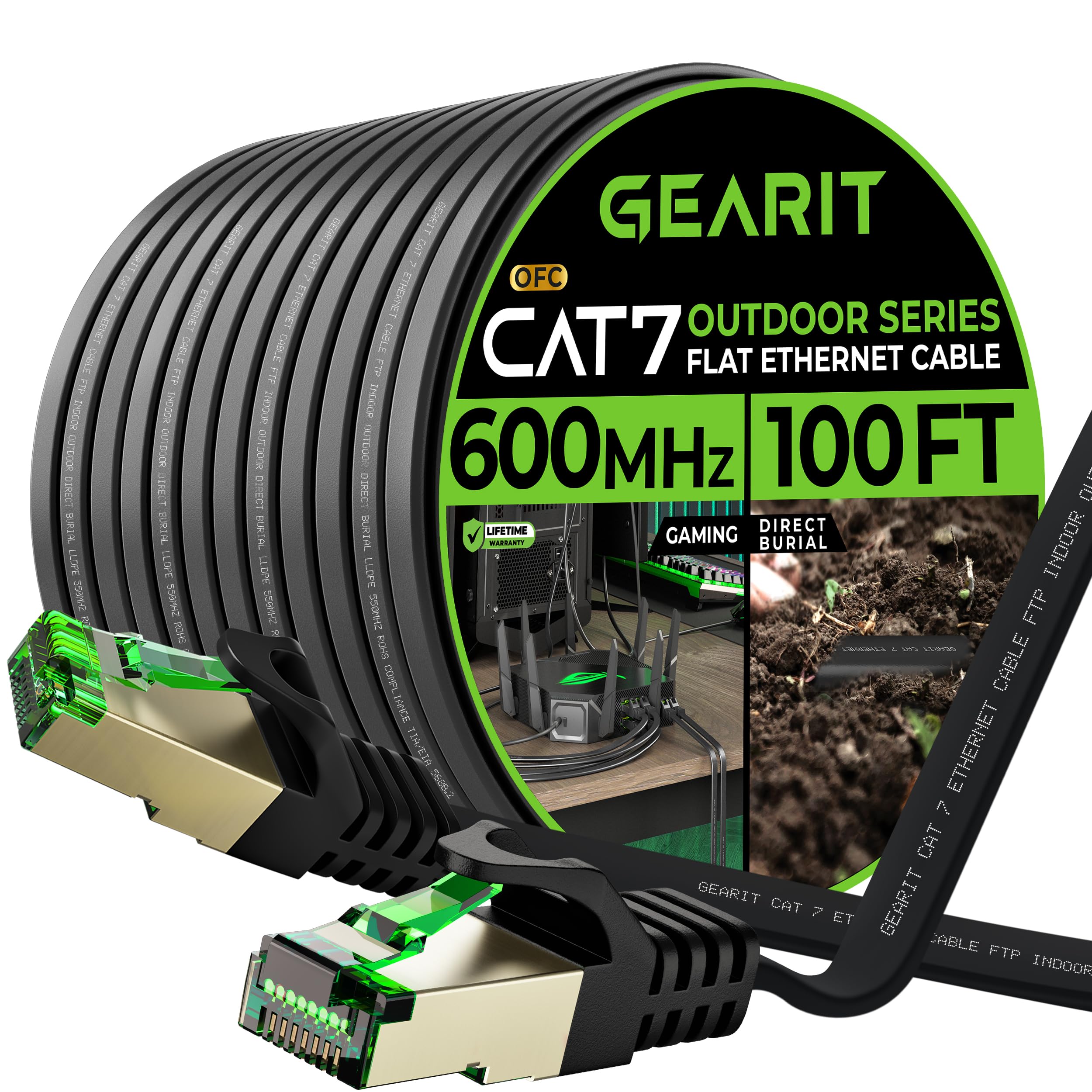 Gearit Cat 7 Outdoor Flat Ethernet Cable (100Ft, Black) Direct Burial Rated Lldpe Jacket   Indoor Cat7 Shielded Ftp 600Mhz 10Gbp