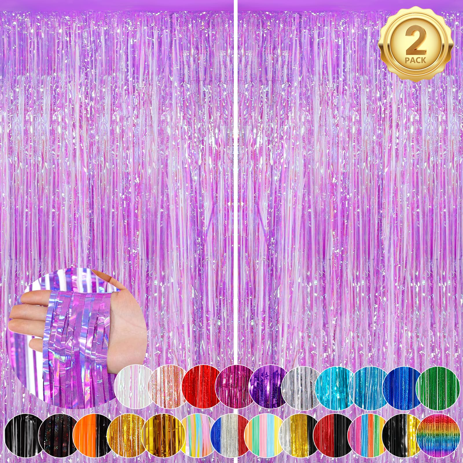 2Pack 3.3X8.3Ft Iridescent Purple Streamers Foil Fringe Curtains Neno Purple Tinsel Door Curtains Photo Booth Backdrop For Weddi
