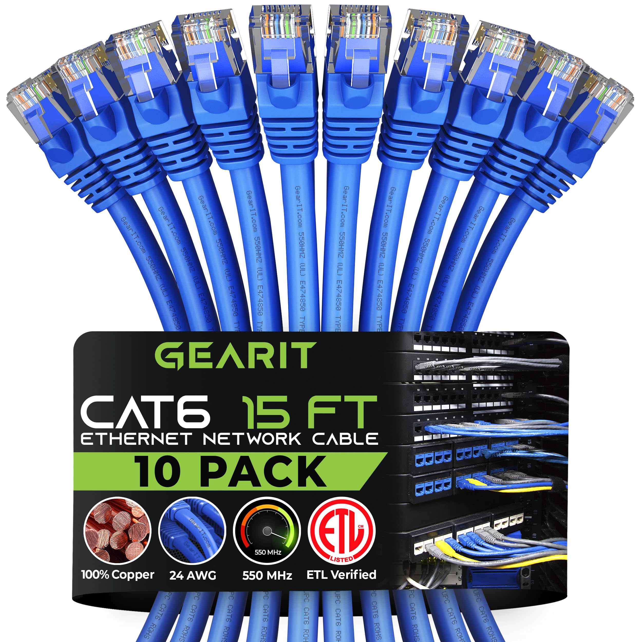 GearIT Cat 6 Ethernet Cable 15 ft (10Pack)  Cat6 Patch Cable, Cat 6 Patch Cable, Cat6 Cable, Cat 6 Cable, Cat6 Ethernet Cable,