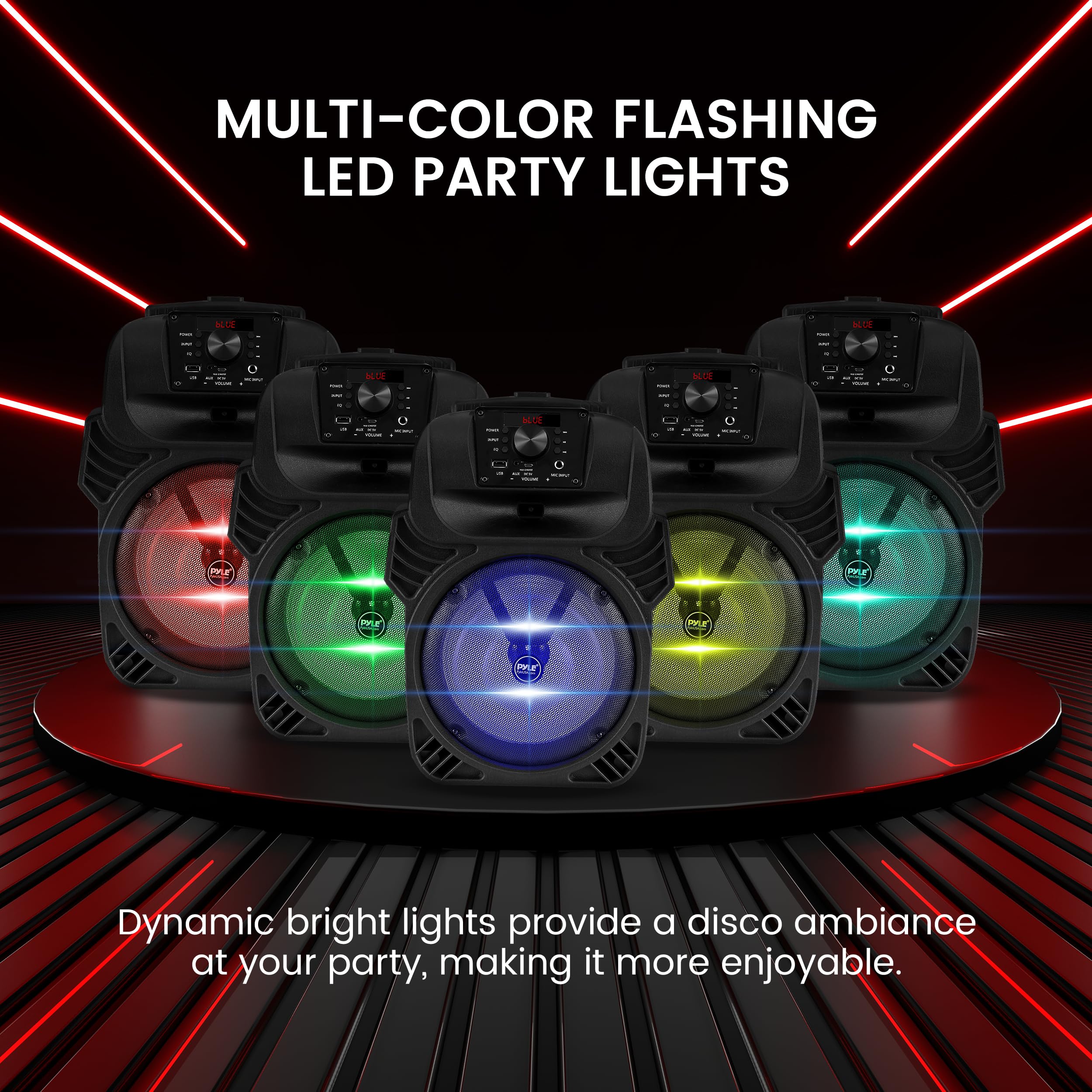 Pyle 400W Portable Bluetooth Pa Loudspeaker - 8    Subwoofer System, 4 Ohm/55-20Khz, Usb/Mp3/Fm Radio/  Mic Inputs, Multi-Color