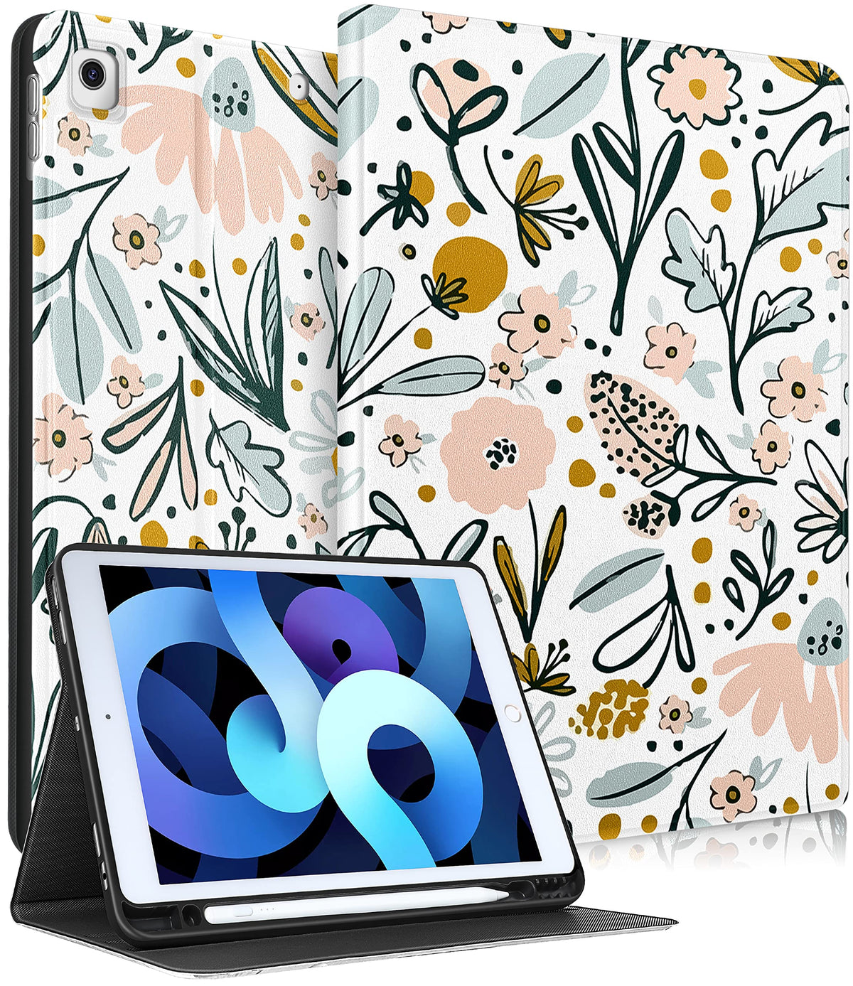 Uppuppy For Ipad 9Th/8Th/7Th Generation Case 10.2 Inch Girls Cute Women Folio Smart Cover Pencil Holder Flowers Floral Aesthetic